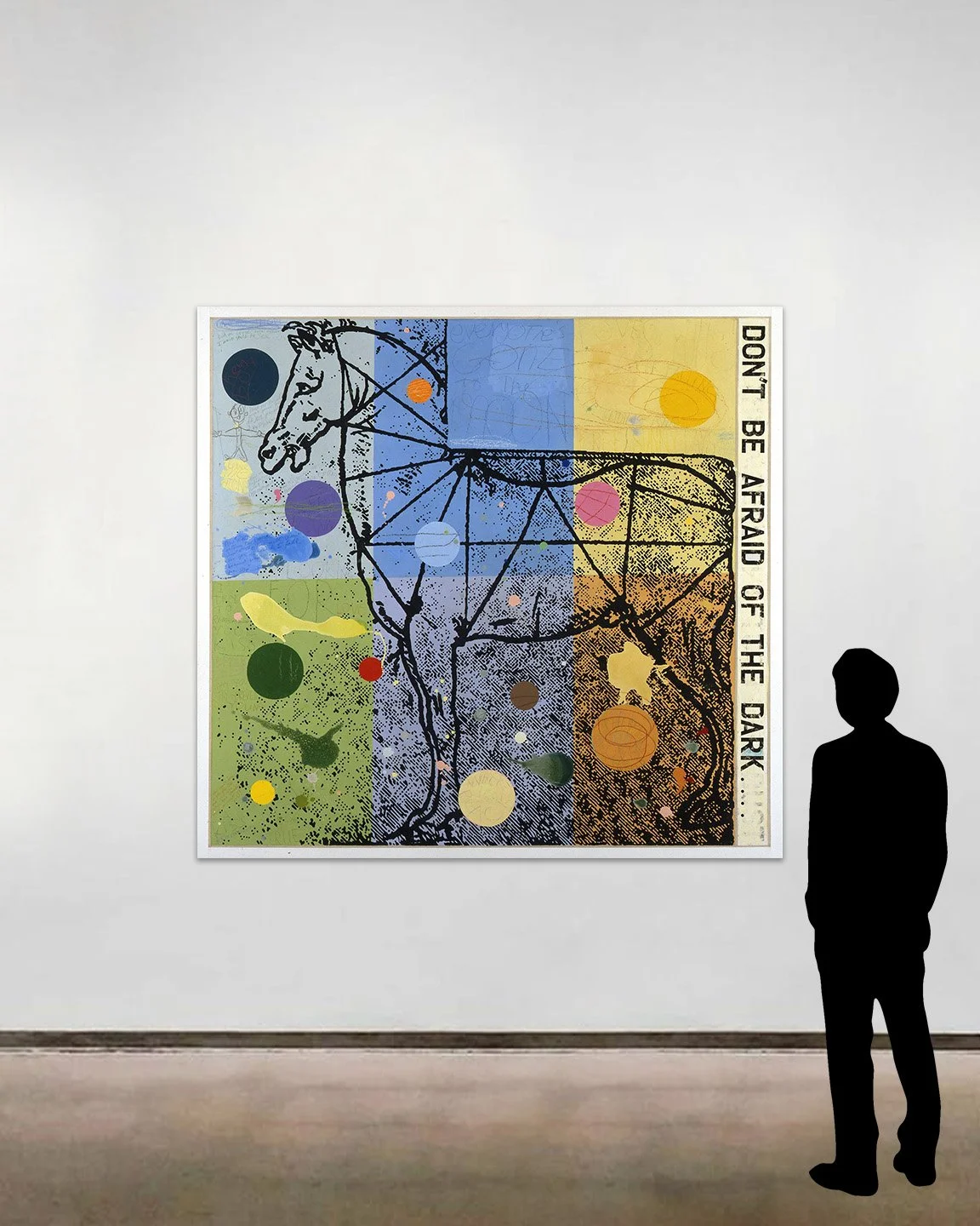 A to-scale image of David Spiller’s acrylic on canvas work, 'Don’t Be Afraid of the Dark'. The artwork is pictured alongside a six foot tall figure.