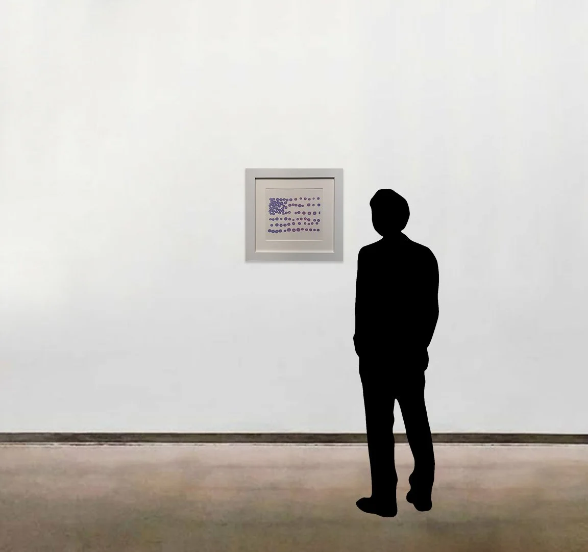 Andy Warhol’s screenprint in colors, Cuvaison Chardonnay, shown here framed alongside a six-foot figure for scale.