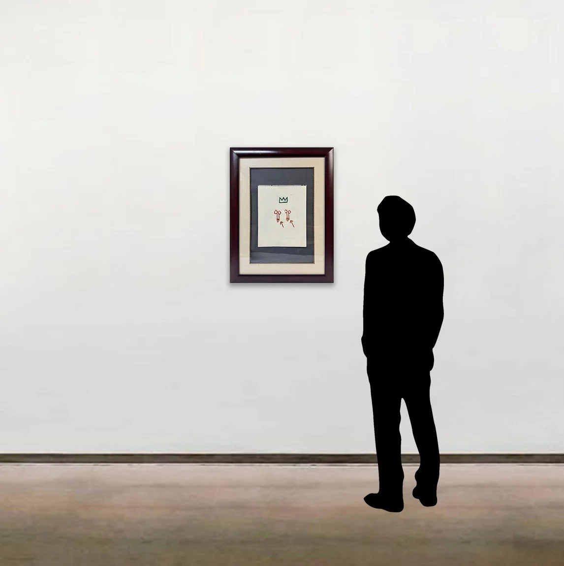 'Penis Drawings’ with oil stick on paper by Jean-Michel Basquiat, shown framed and scaled alongside a six foot figure.