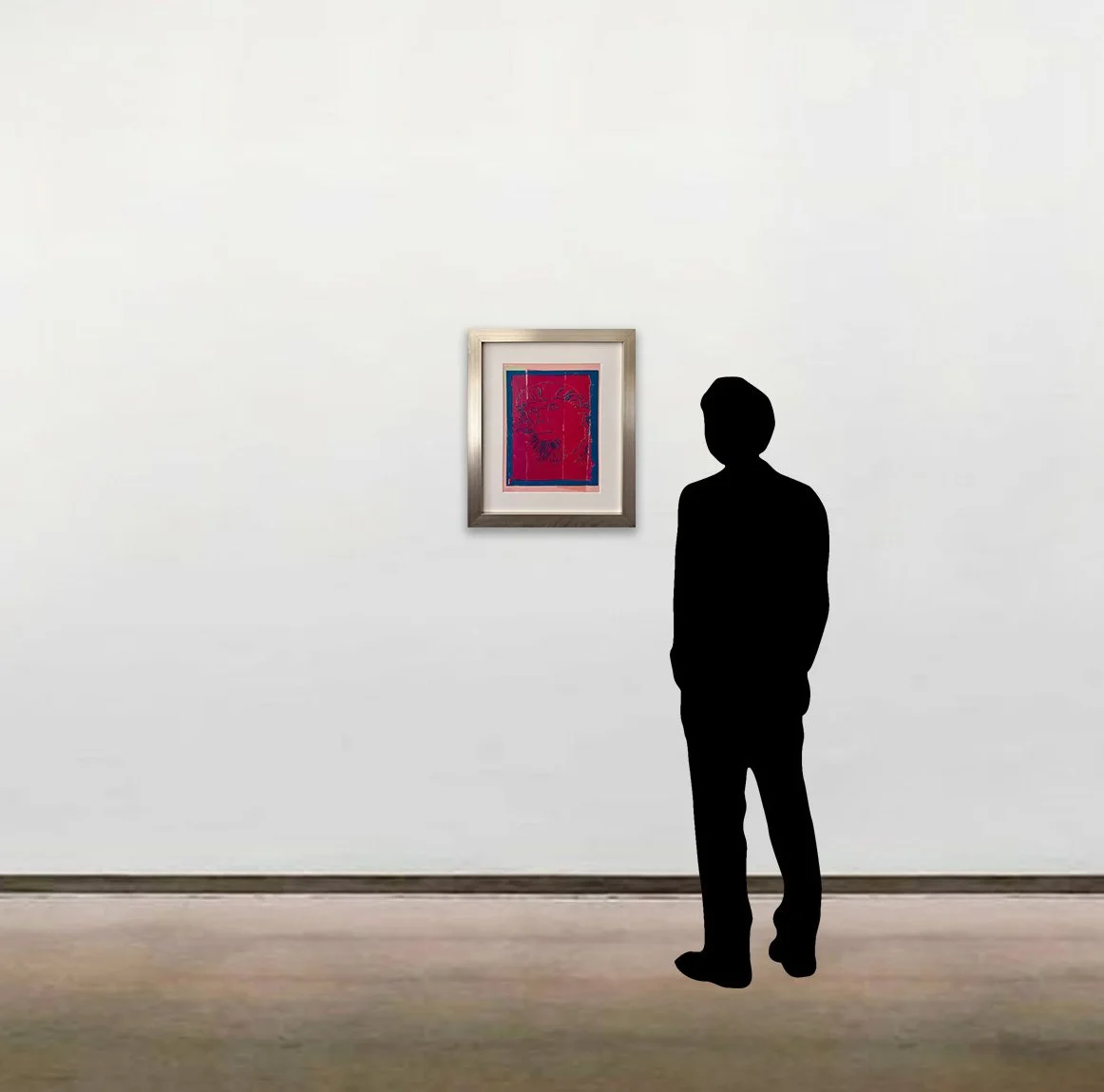 'Douc Langur' by Andy Warhol shown in a metallic frame alongside a six-foot figure.