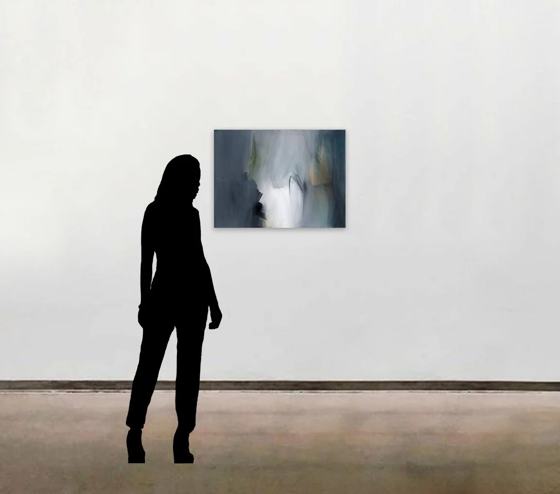 Amy Kirchner’s abstract painting with acrylics, 'Elapse', shown here to scale alongside a six foot tall figure.