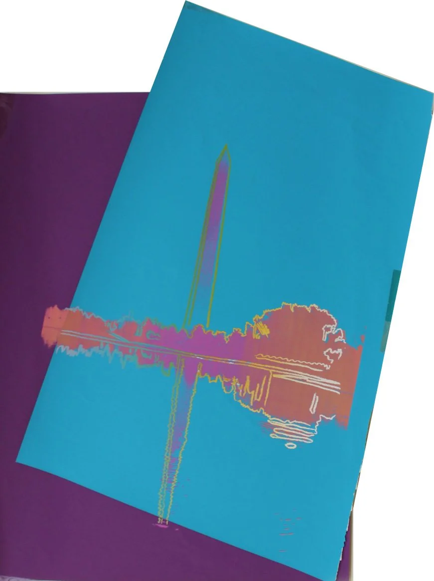 Silkscreen inks and colored paper collage on museum board, ;Washington Monument', by Andy Warhol. The work is shown here against a white backdrop.