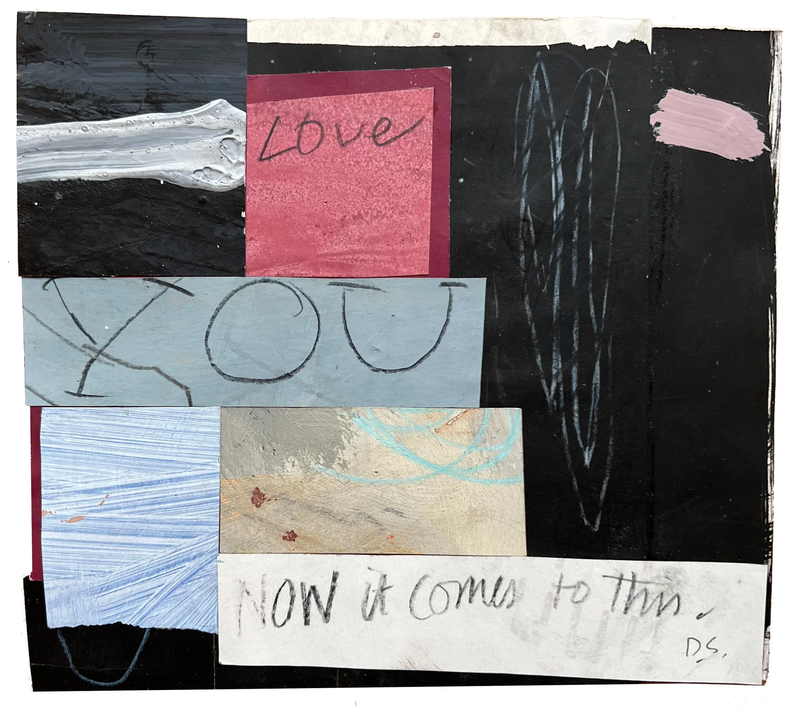 David Spiller’s acrylic and colored pencil on collage work, ‘Love You’, shown here unframed.