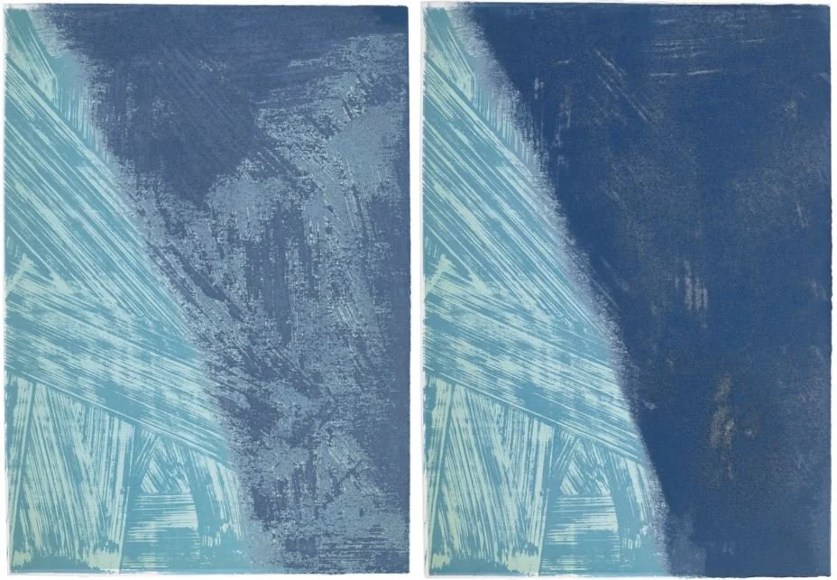 Andy Warhol’s portfolio of two unique screenprints with diamond dust, Shadows V, shown here unframed.