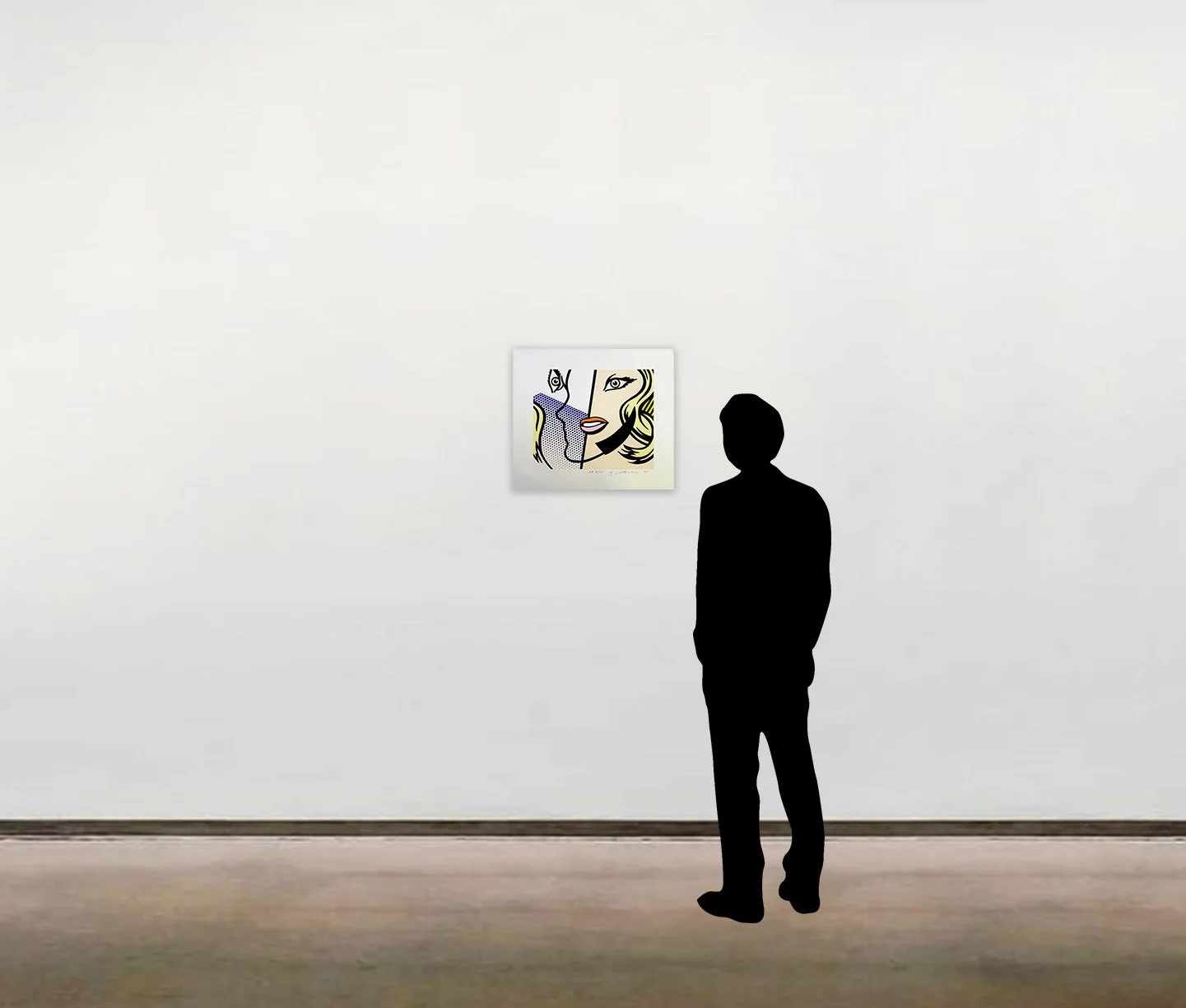 'Untitled Head', a screenprint on Lanaquarelle watercolor paper by Roy Lichtenstein. The work is shown here unframed and scaled alongside a six-foot-tall figure.