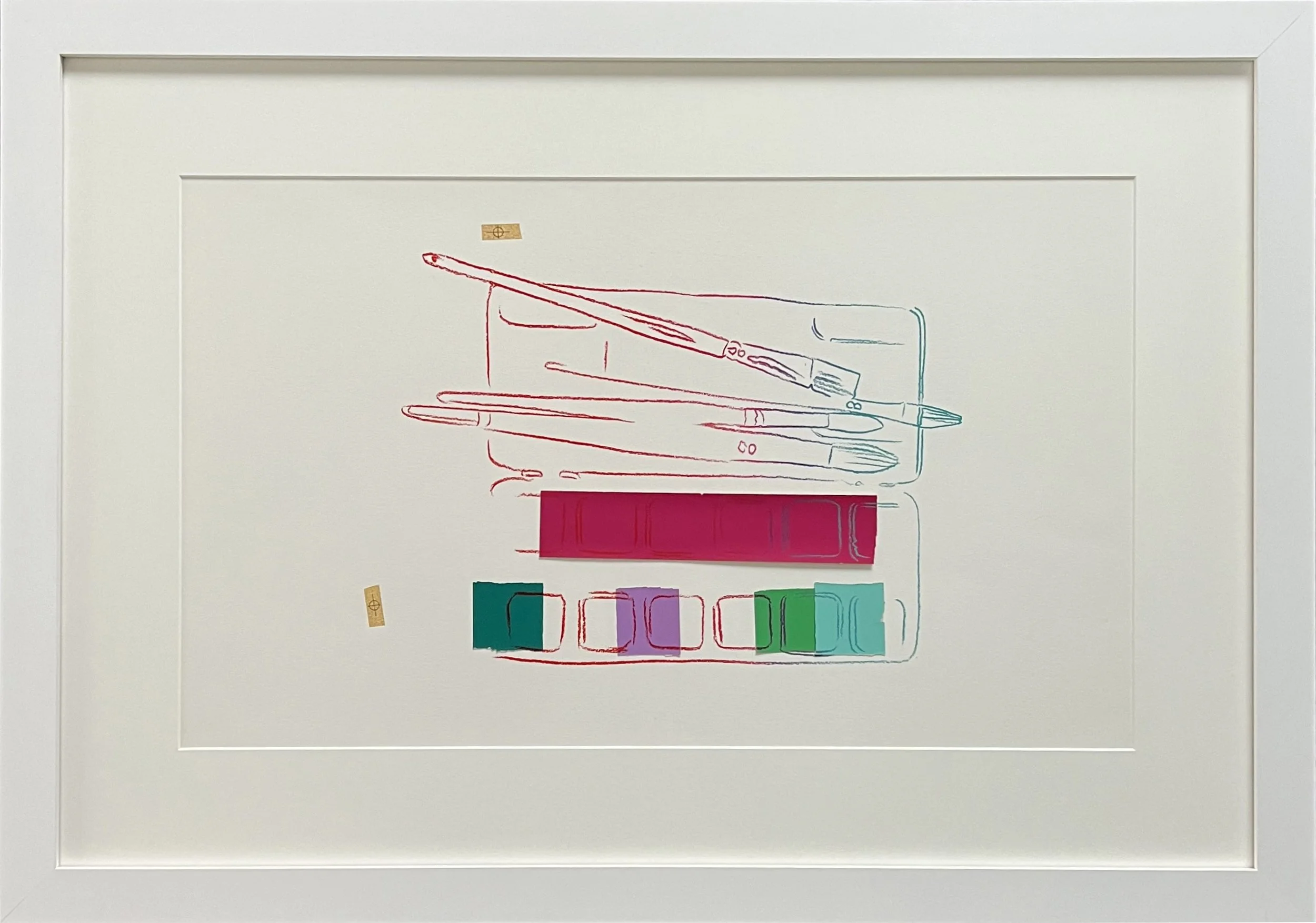 Silkscreen inks and colored paper collage on museum board, 'Watercolor Paint Kit with Brushes', by Andy Warhol. The work is shown here in a white frame.