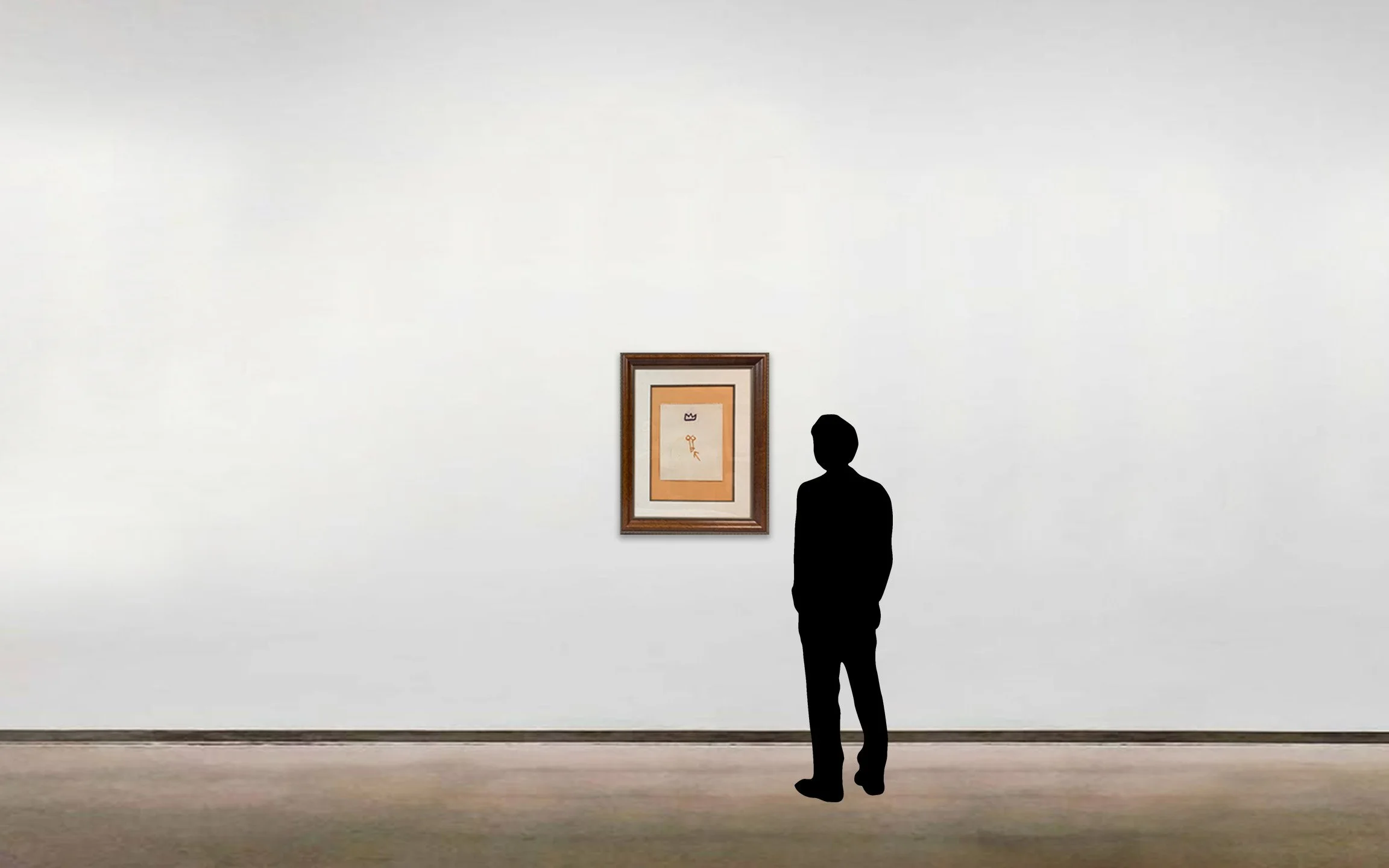 'Penis Drawing' by Jean-Michel Basquiat, shown framed and scaled alongside a six foot figure. The work is comprised of oil stick on paper.