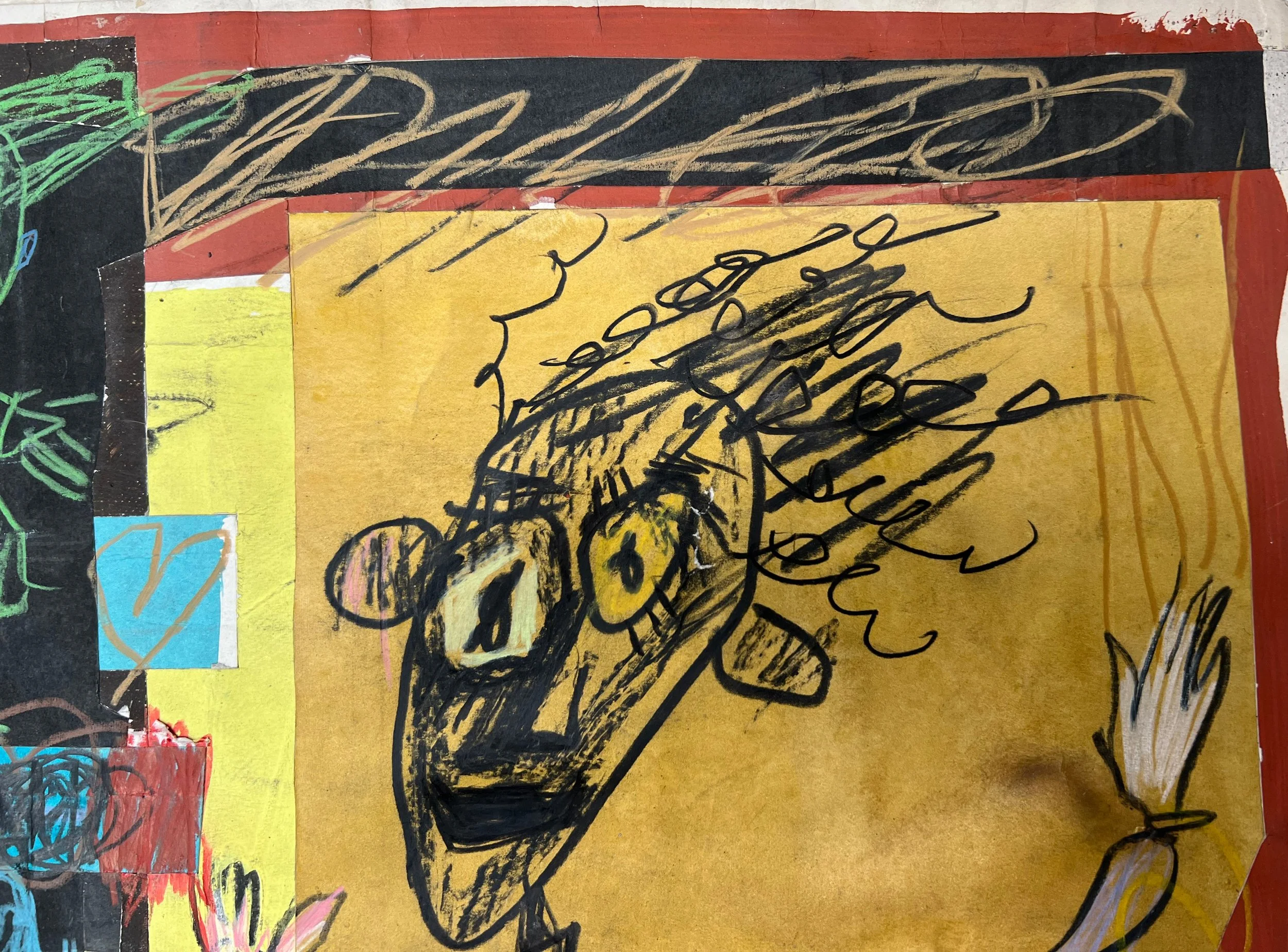 An upper right detail image of David Spiller’s collage on paper with crayon work, 'Beautiful', shown here unframed.