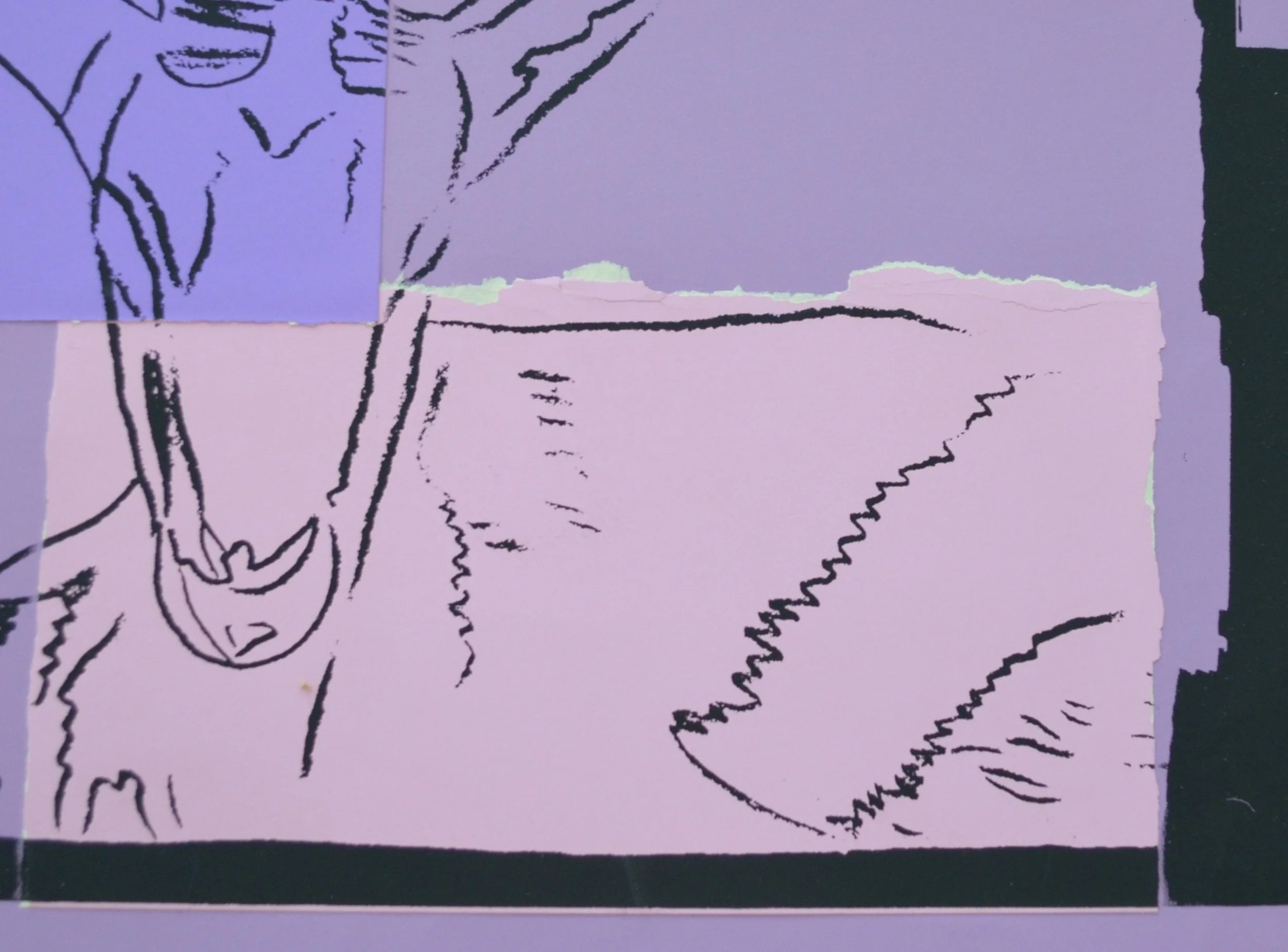 A lower right detail image of Andy Warhol’s 1986 unique silkscreen and colored paper collage work, Sömmering Gazelle.