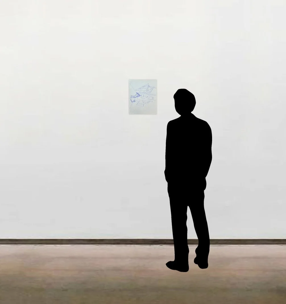 Andy Warhol’s original blue ballpoint pen drawing, 'Temple', dated circa 1956, shown unframed and photoshopped alongside a six-foot figure for scale.