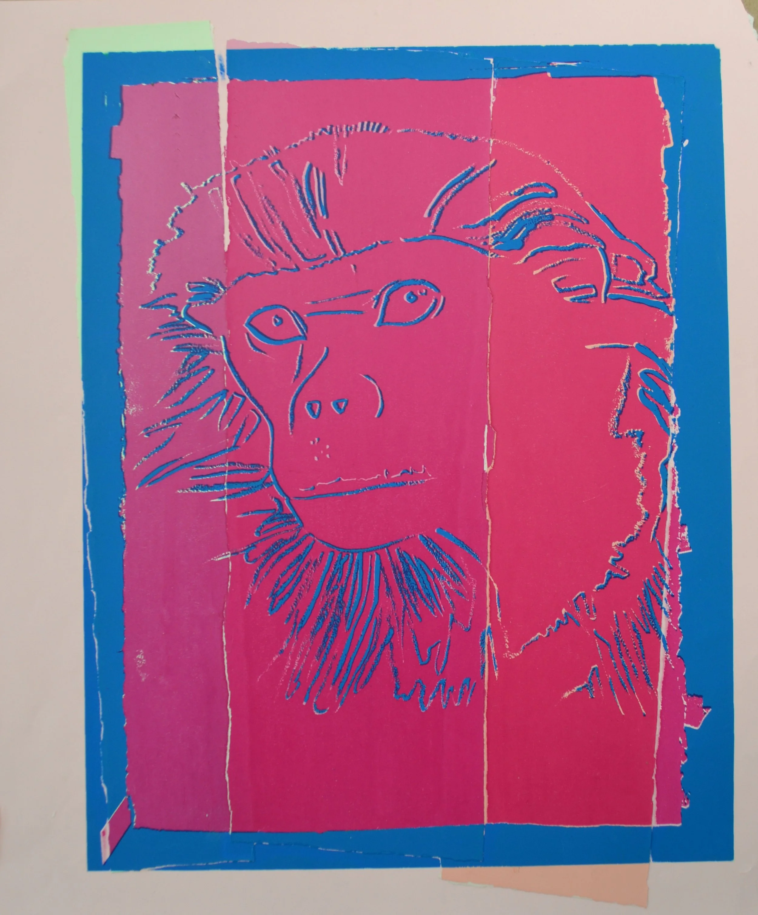 Andy Warhol’s silkscreen inks and colored paper collage work, 'Douc Langur'. The work is shown here unframed.