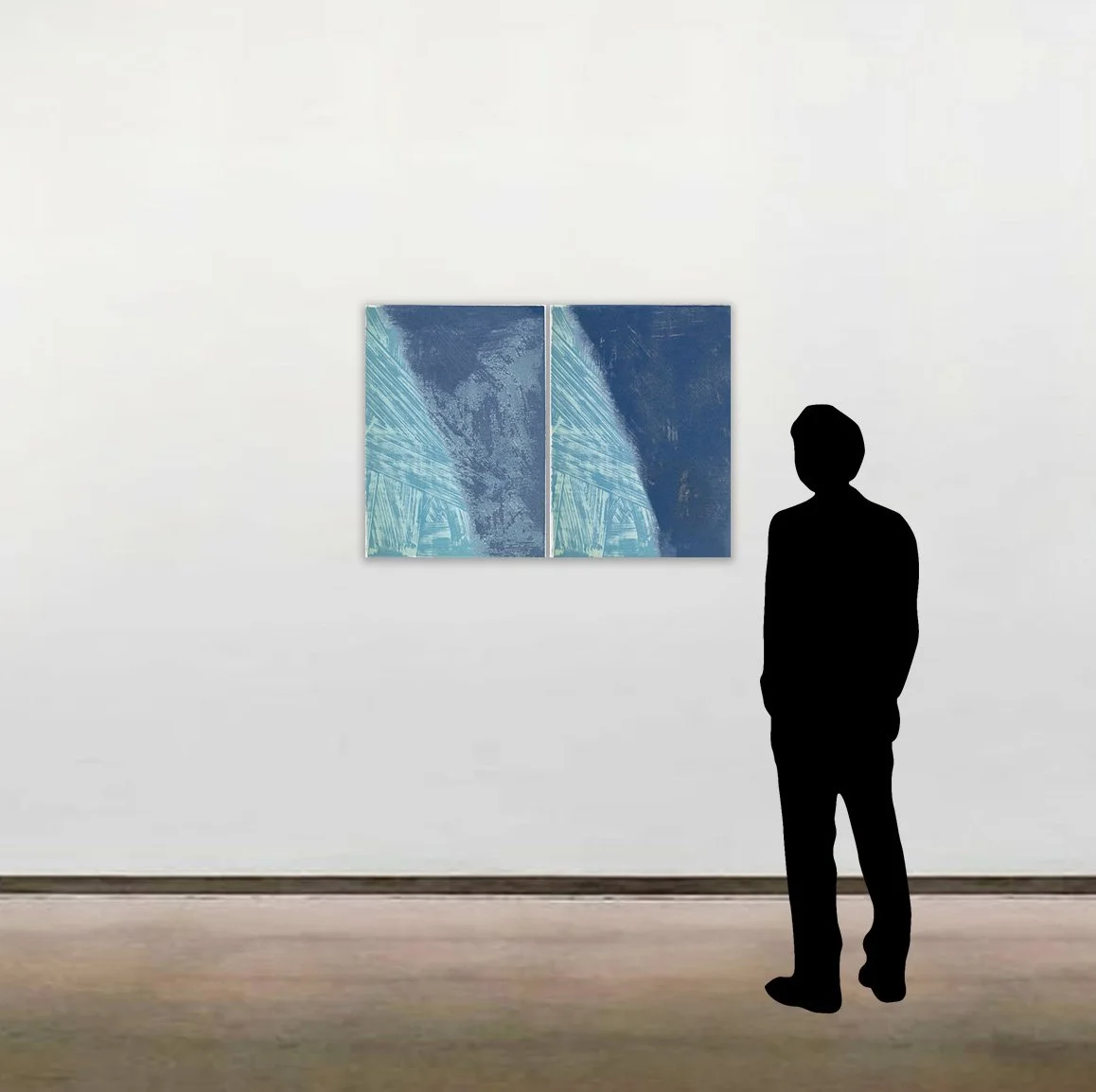 Andy Warhol’s portfolio of two unique screenprints, 'Shadow V', shown to scale alongside a six-foot-tall figure.