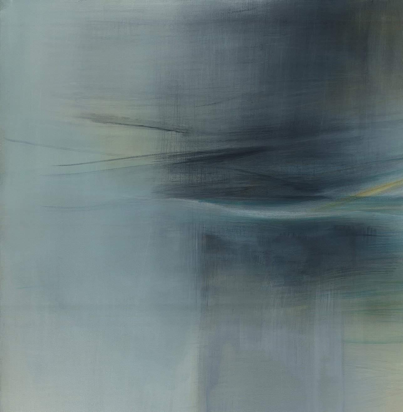 An upper left detail image of Amy Kirchner’s 2026 acrylic on canvas work, 'Interval'.