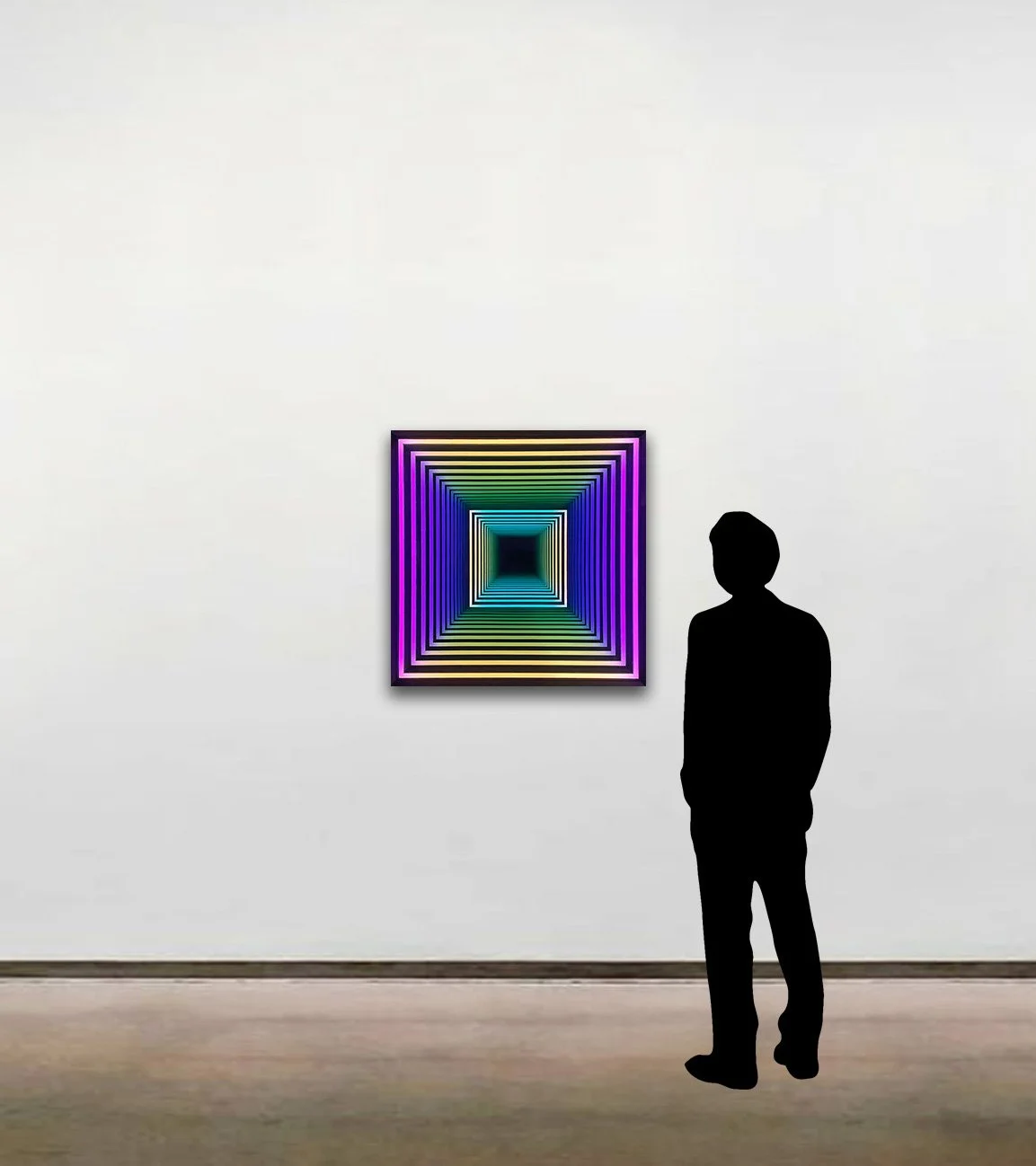 An image of Chul Hyun Ahn’s 2024 work, 'Two Squares'. The work is shown here in a scaled rendering alongside a six foot tall figure.