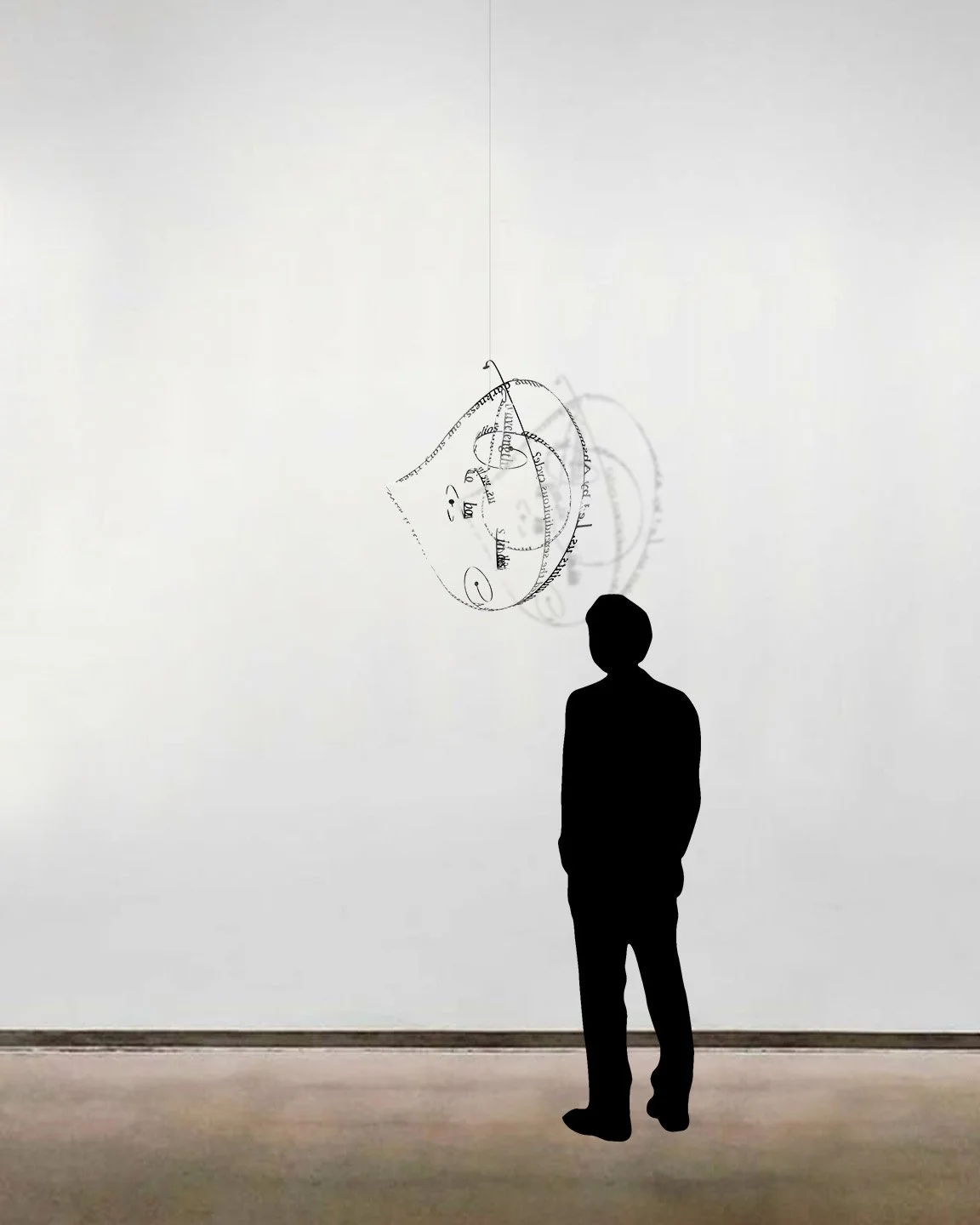 A to-scale image of Nicola Anthony’s 'Sun dance', a kinetic stainless steel sculpture. The work is shown here suspended from the ceiling against a white backdrop, alongside a six foot tall figure.