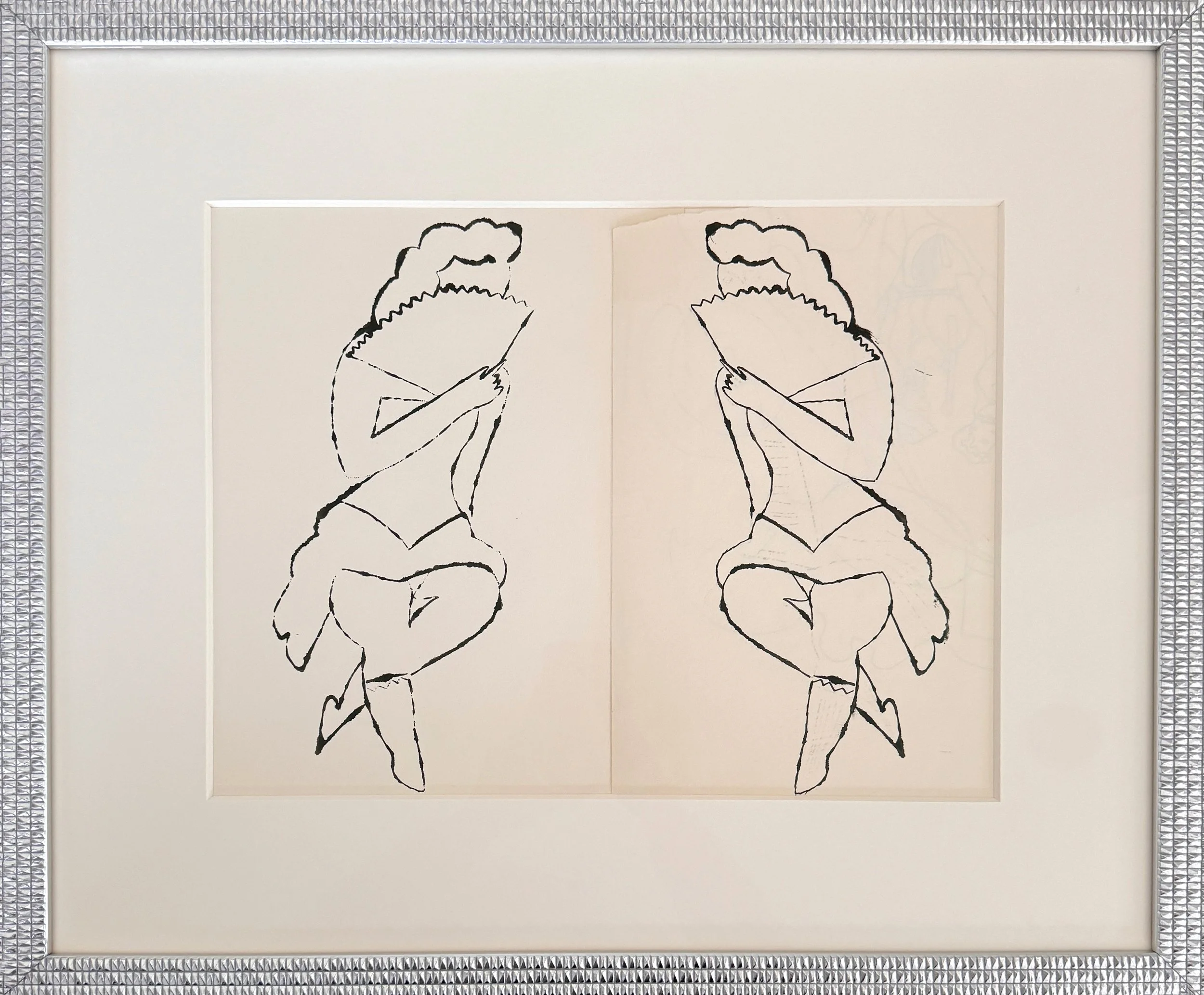 Andy Warhol’s circa 1954 blotted line ink drawing, ‘Lady with Fan’, pictured here in a metal frame.