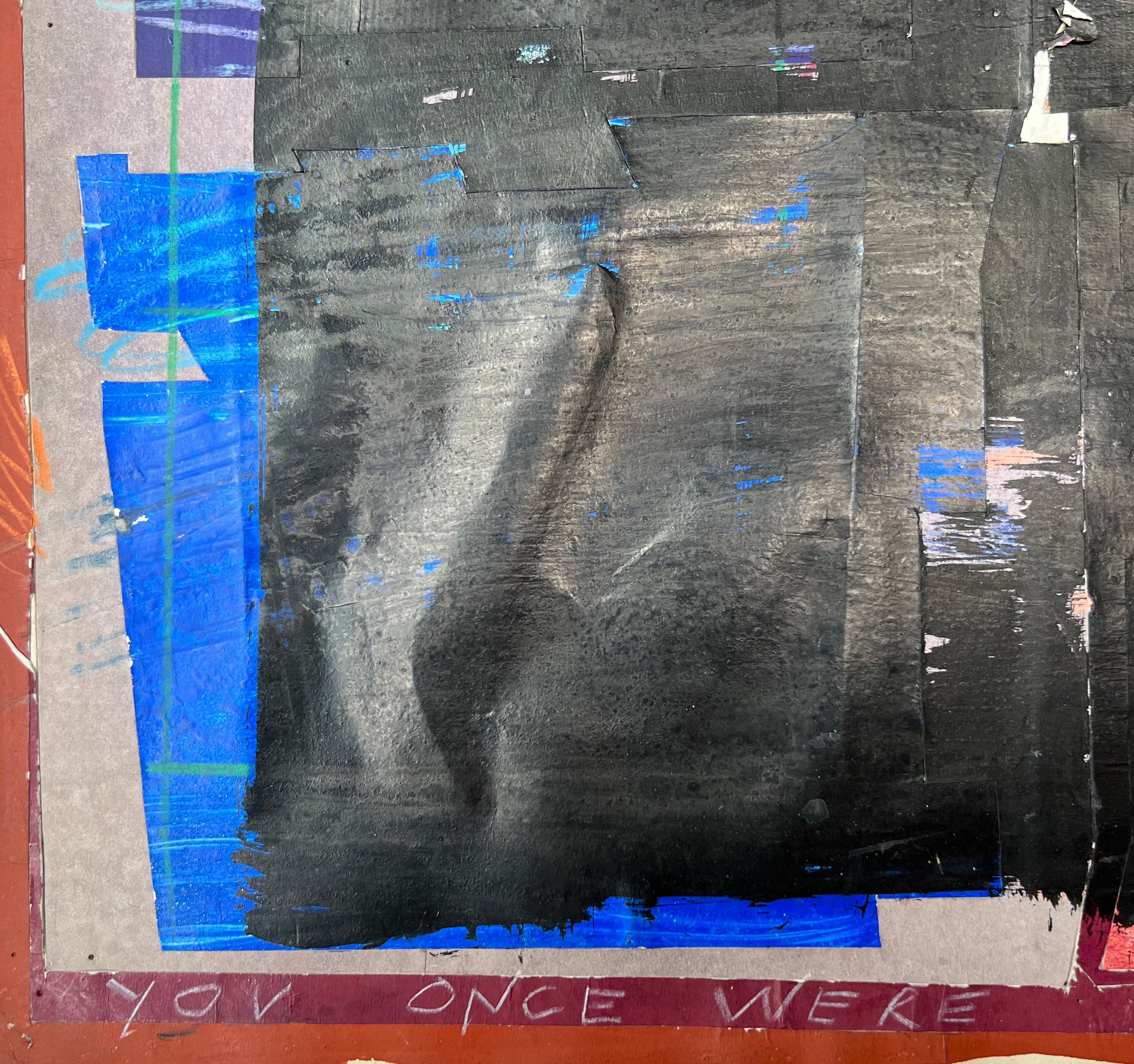 A lower left detail image of David Spiller’s collage on paper with crayon work, 'Beautiful', shown here unframed.