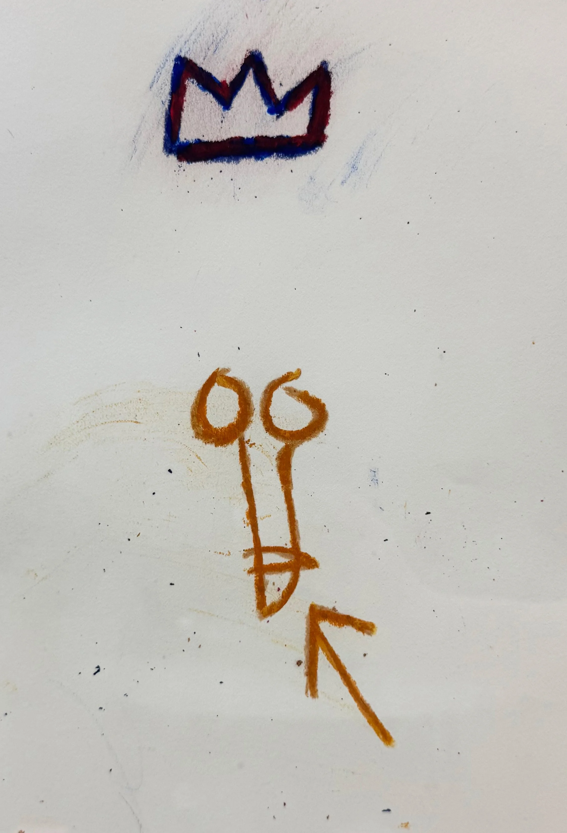 A detail image of one of two Jean-Michel Basquiat drawings. The works are comprised of oil stick on paper.