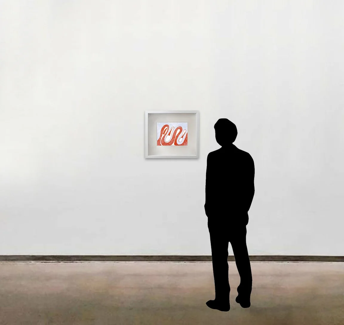 Louise Bourgeois’s work on paper, 'Untitled (Undulating Ribbon)', shown here framed and to scale alongside a six foot tall figure.