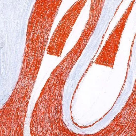 A detail from Louise Bourgeois’s work on paper, 'Untitled (Undulating Ribbon)'. The work is comprised of crayon, ink and whiteout on paper.