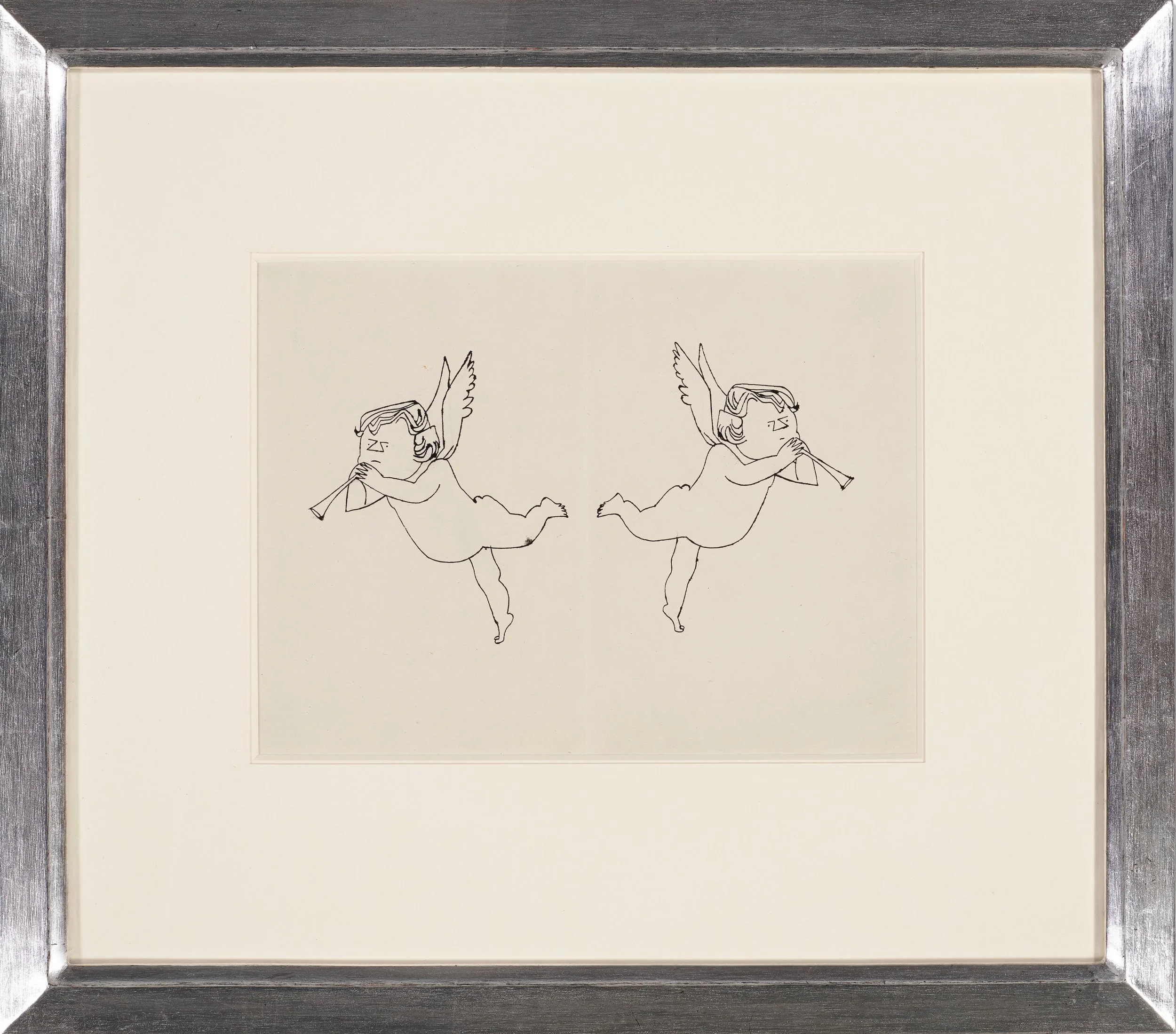 Andy Warhol’s unique ink drawing on paper, 'Angels with Trumpets', shown here framed.