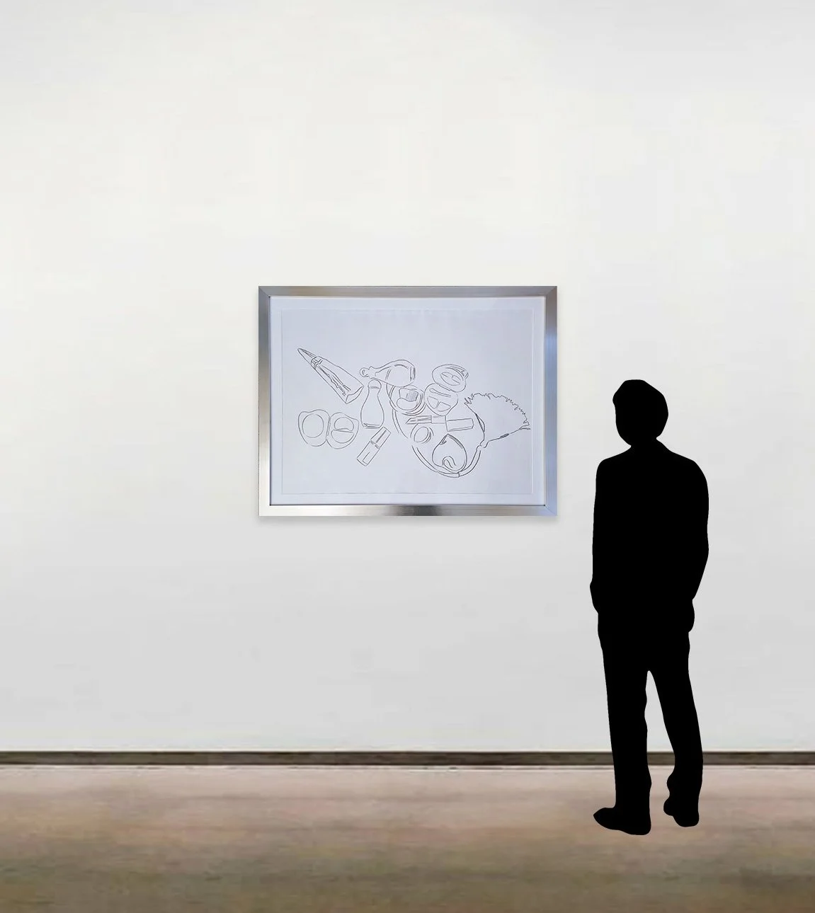 Andy Warhol’s unique graphite drawing on paper, Fragrance and Cosmetics, shown in a metallic frame alongside a six-foot figure.