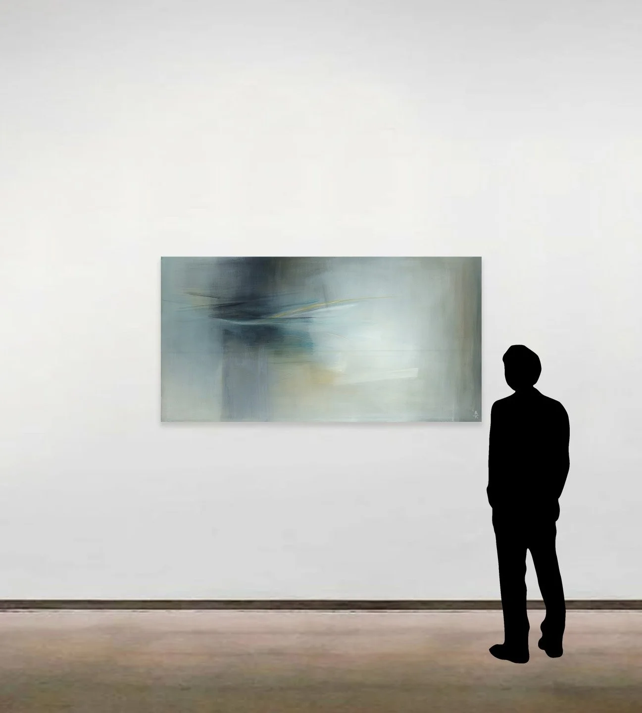 Amy Kirchner’s abstract painting with acrylics, 'Interval', shown here to scale alongside a six foot tall figure.
