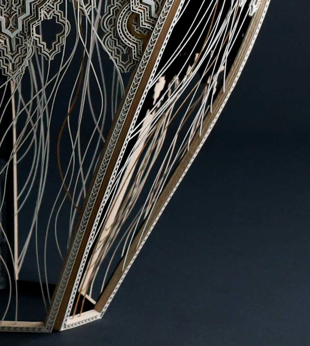A lower right detail image of Julia Ibbini’s 'Kŷma | Vessel'. The work is comprised of paper, ink, cotton, and gold leaf.