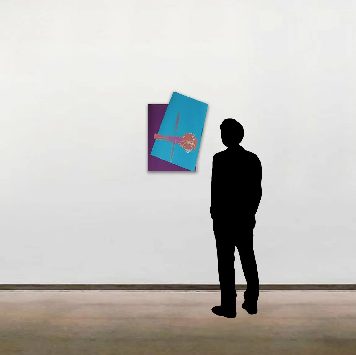 'Washington Monument' by Andy Warhol shown in a white frame alongside a six-foot figure.