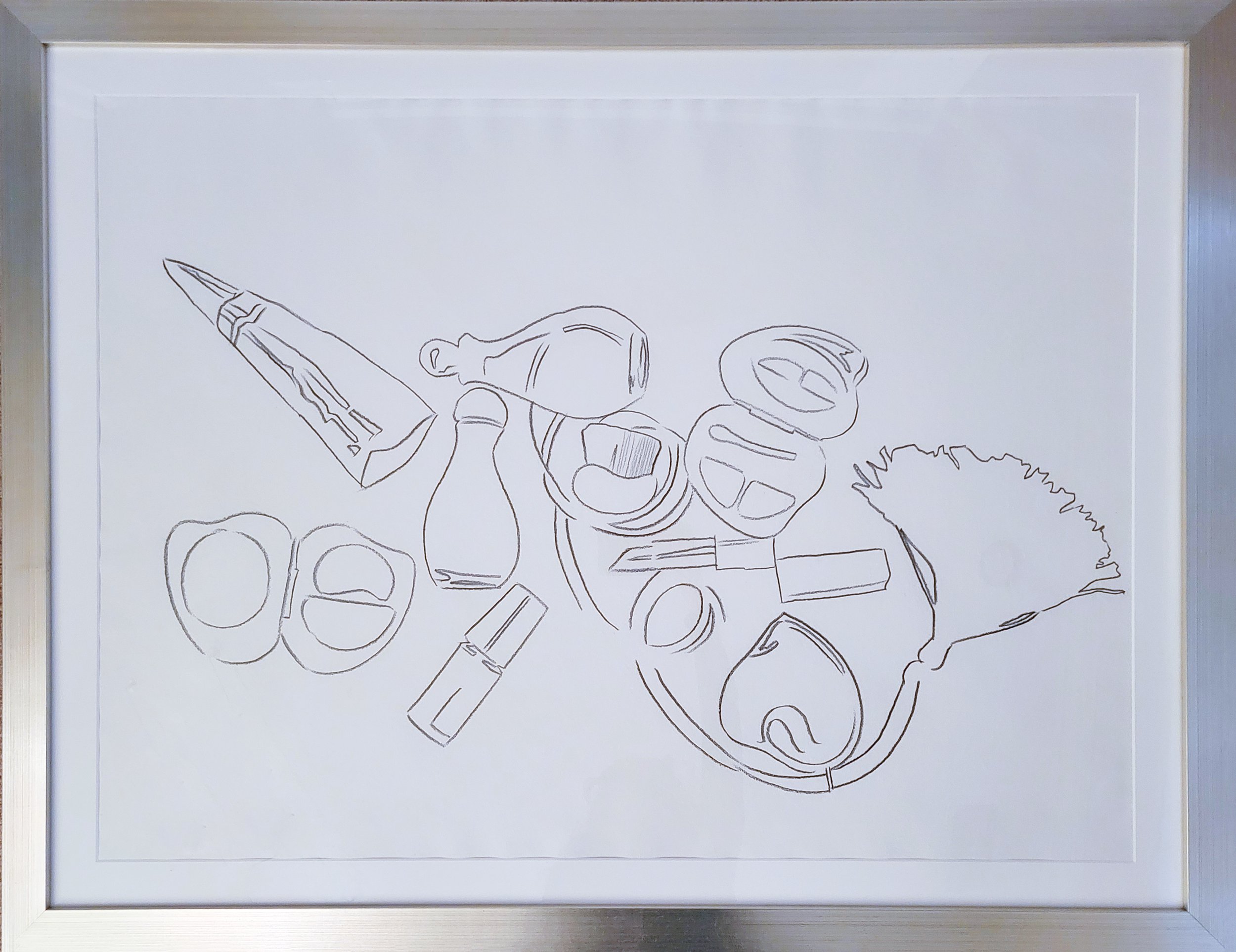 Andy Warhol’s unique graphite on paper drawing, Fragrance and Cosmetics, shown here in a metallic frame.