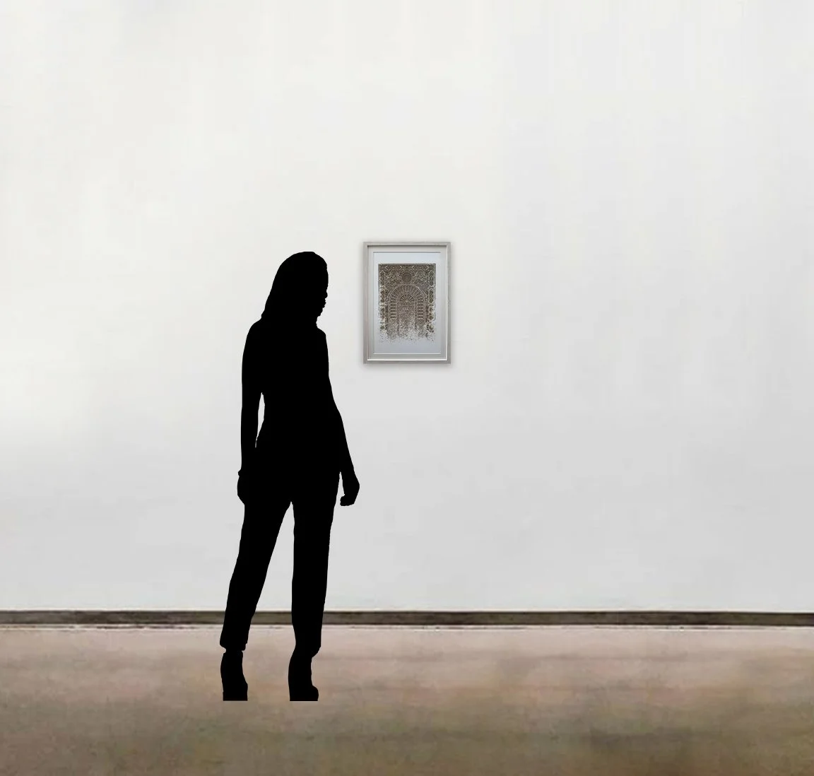 Julia Ibbini’s layered paper work, 'The Sands of Time 8.4', shown here framed to-scale alongside a six foot tall figure.