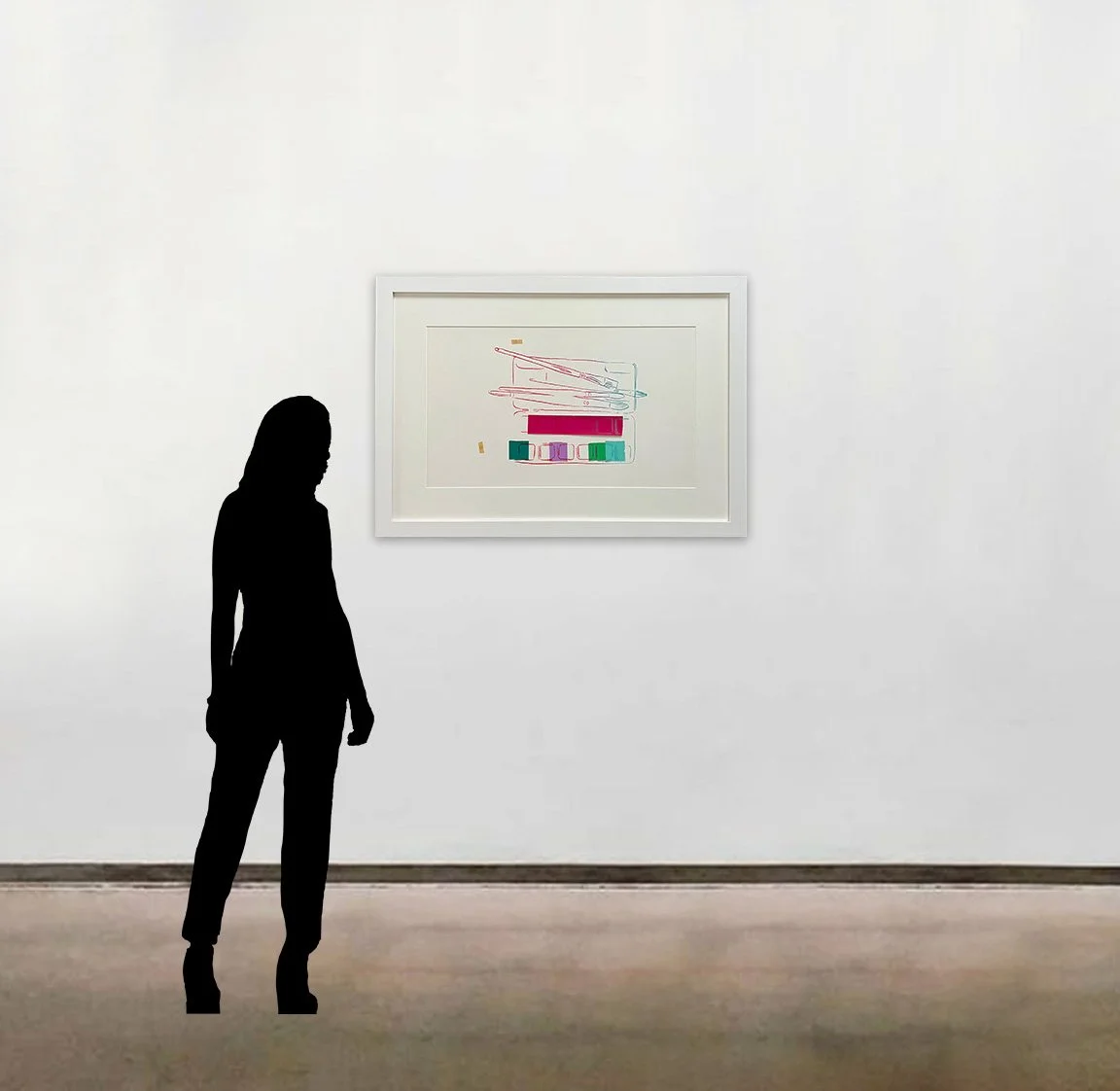 'Watercolor Paint Kit with Brushes' by Andy Warhol shown in a white frame alongside a six-foot figure.