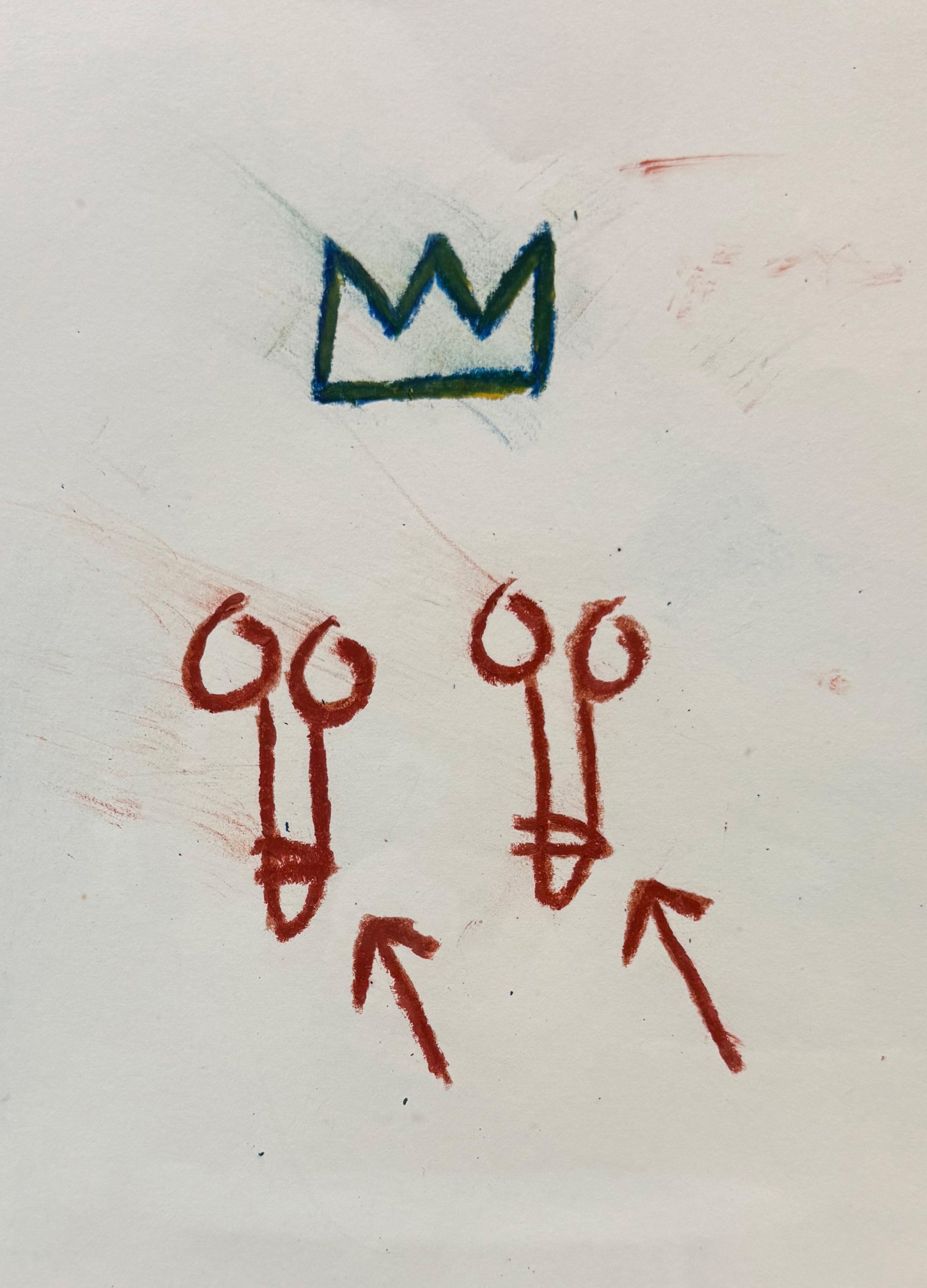 A detail image of one of two Jean-Michel Basquiat drawings. The works are comprised of oil stick on paper.
