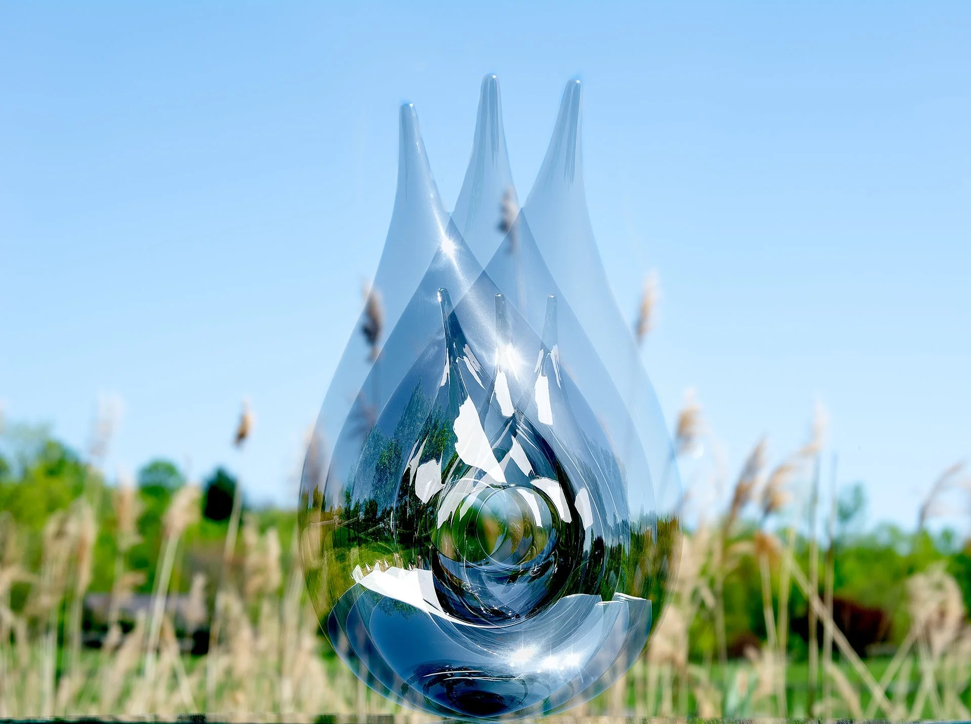 A motion capture of Tarik Currimbhoy’s kinetic stainless steel sculpture, 'Paisley', shown on top of a mirrored base against a natural backdrop.