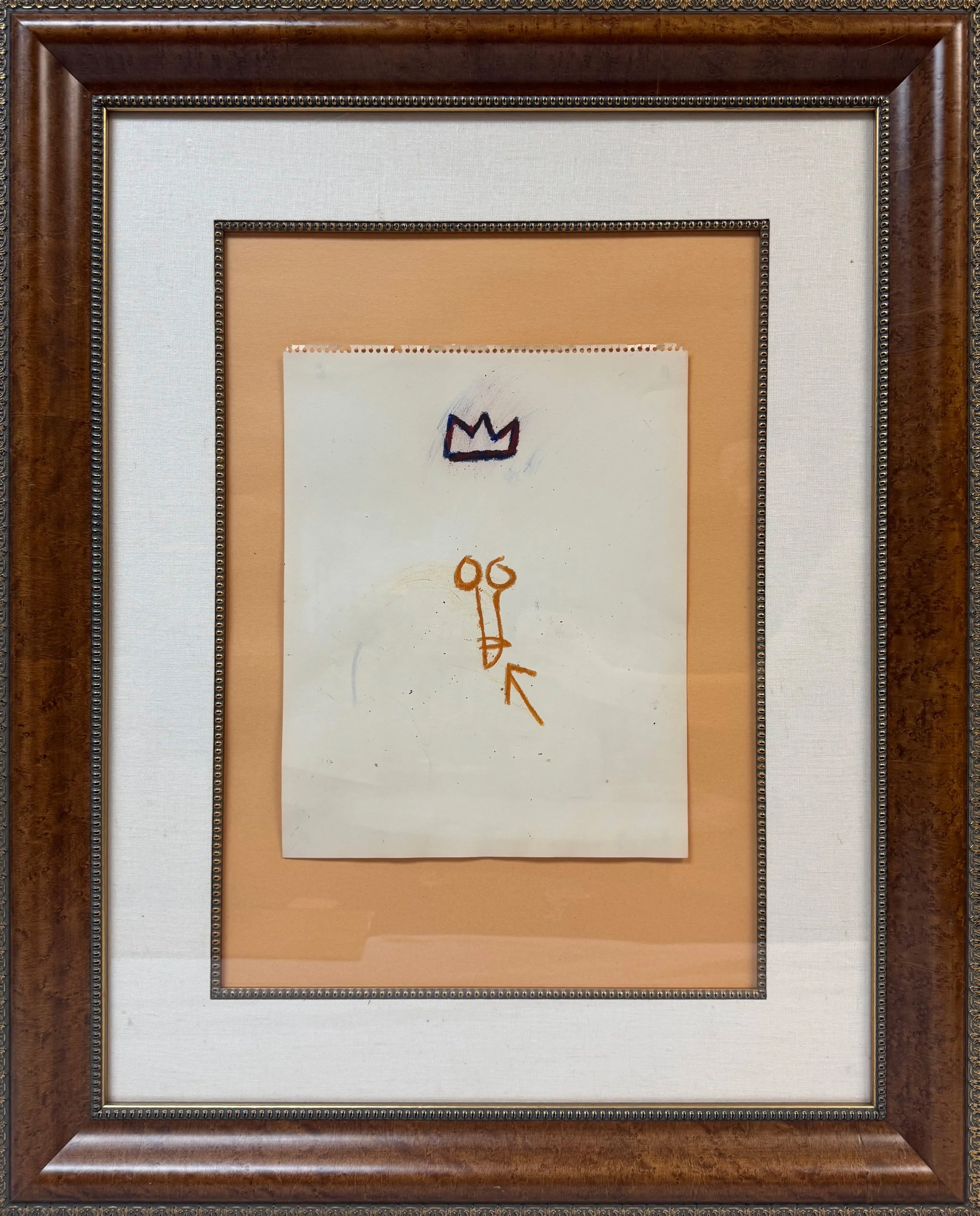Framed ‘Penis Drawing’ by Jean-Michel Basquiat. The work is comprised of oil stick on paper.