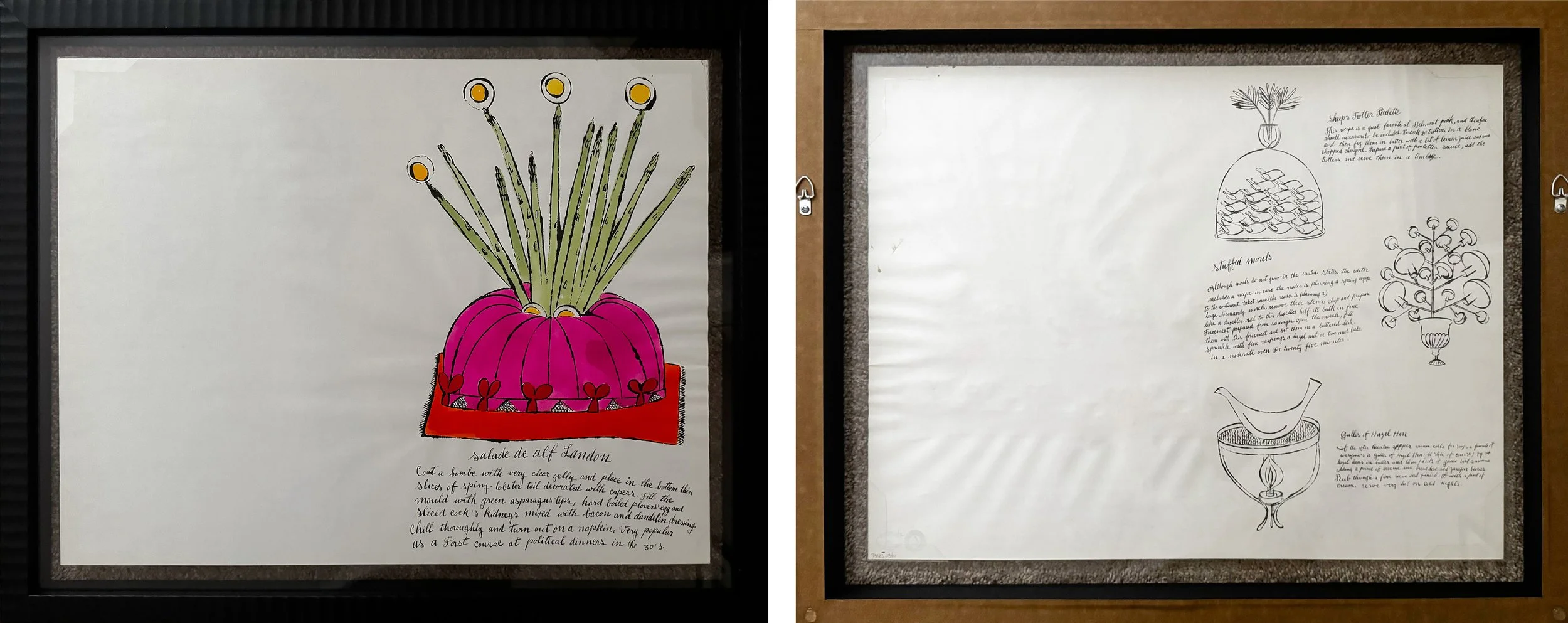 Andy Warhol’s 1959 offset lithograph with hand-coloring on paper, Wild Raspberries: two plates. The framed work is shown here, both its front (at left) and verso (at right).