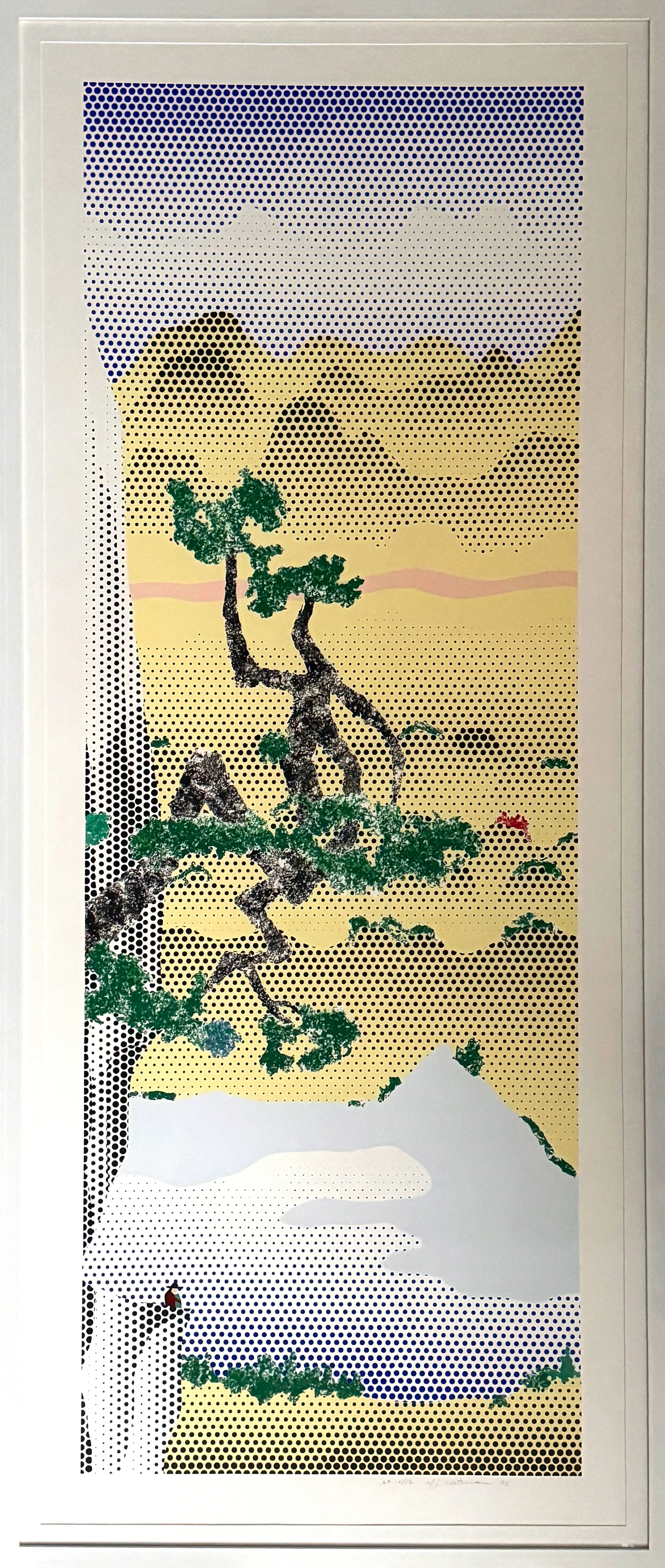 Roy Lichtenstein’s lithograph and screenprint on Lanaquarelle watercolor paper, 'Landscape with Poet', shown here in a white frame.