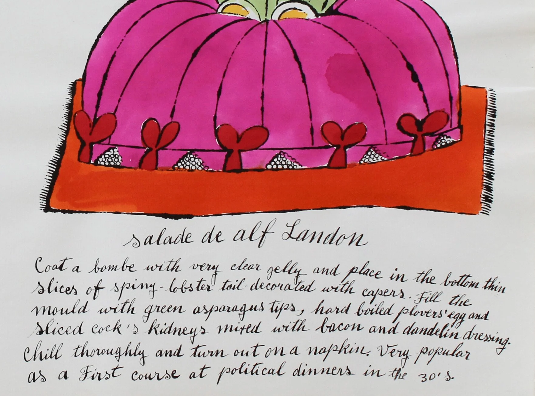 A lower half detail image of the front of Andy Warhol’s 1959 offset lithograph with hand-coloring on paper, Wild Raspberries: two plates.