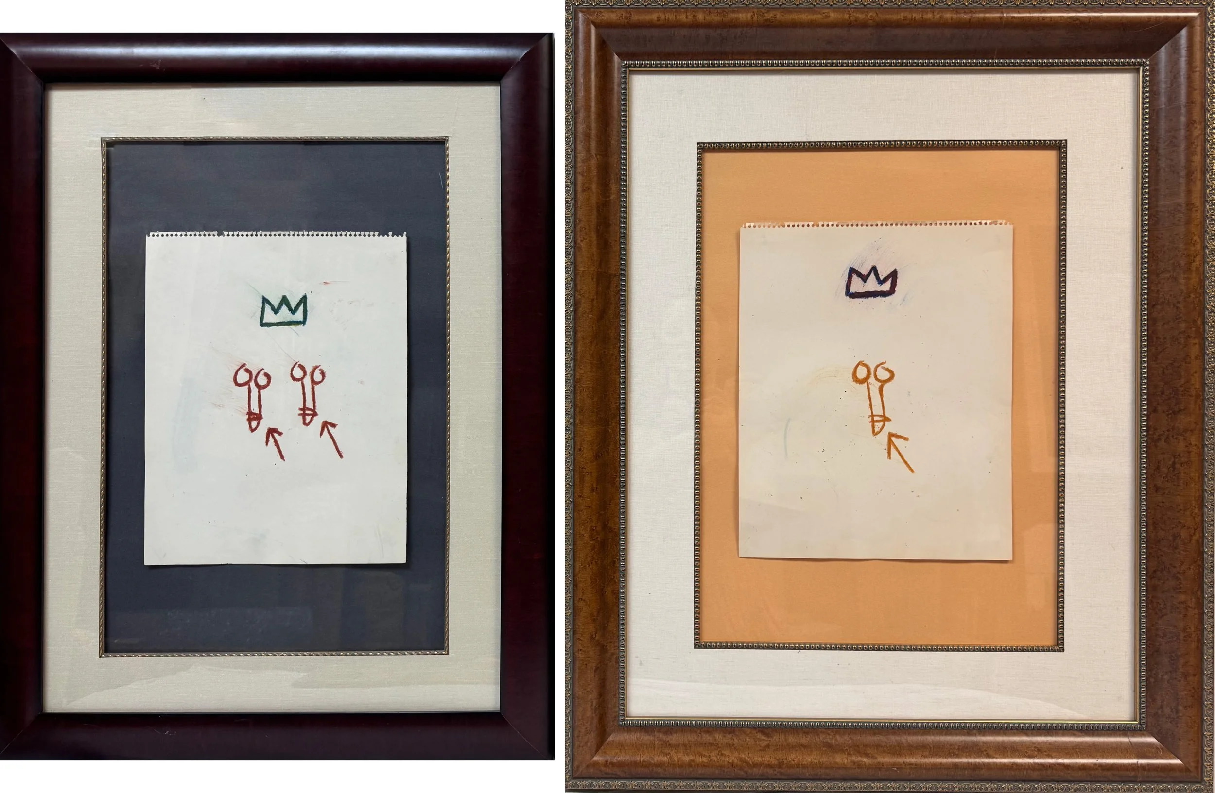 ‘Two Penis Drawings’ by Jean-Michel Basquiat. The works are comprised of oil stick on paper. Both drawings are shown framed side by side.