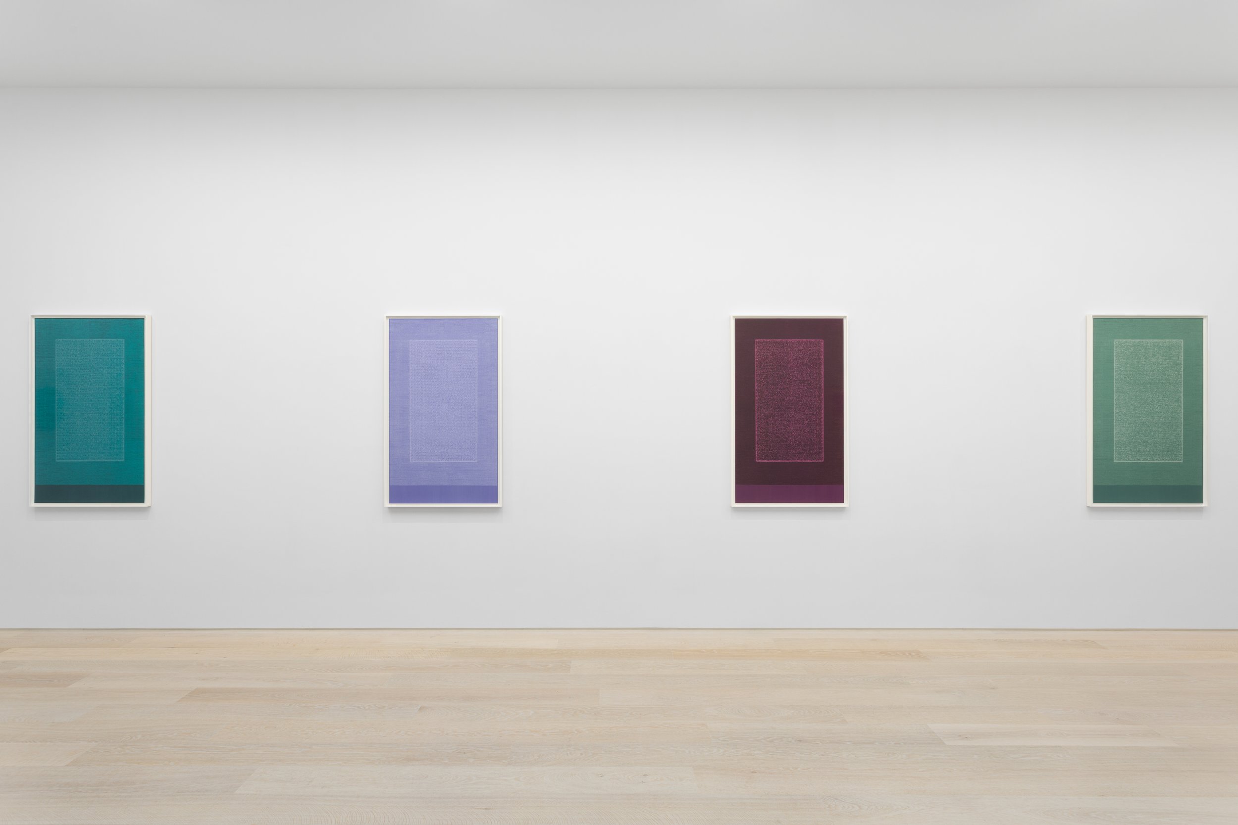Idris Khan’s series of four screenprints with letterpress, After the reflection. From the left to righ  azure blue, pale violet, quinacridone purple, and viridian light. Image courtesy of Cristea Roberts Gallery, London.