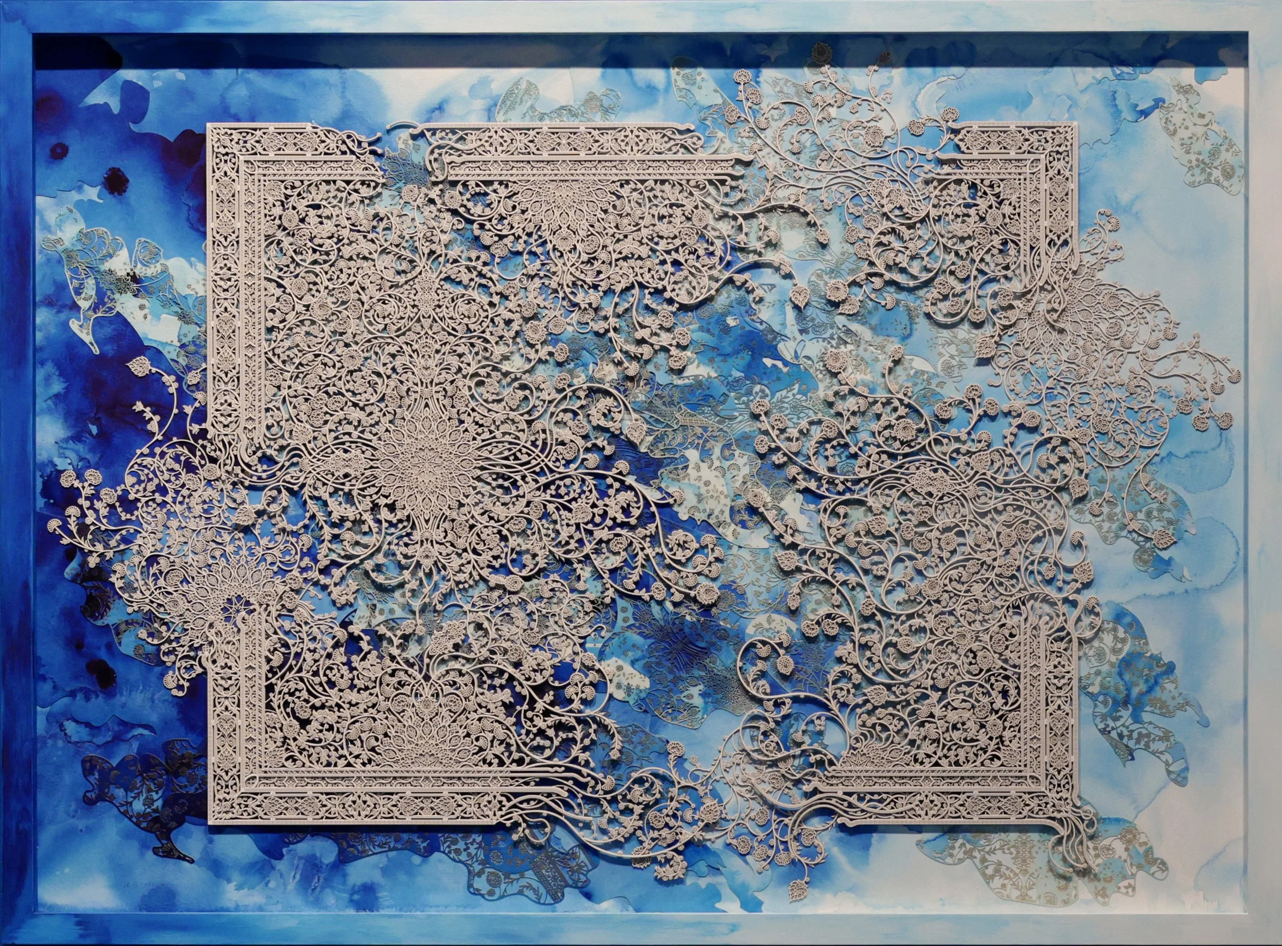 An image of Julia Ibbini’s layered paper work, 'Ornamental Mixtapes (Wildflowers)', shown here in its custom painted frame.