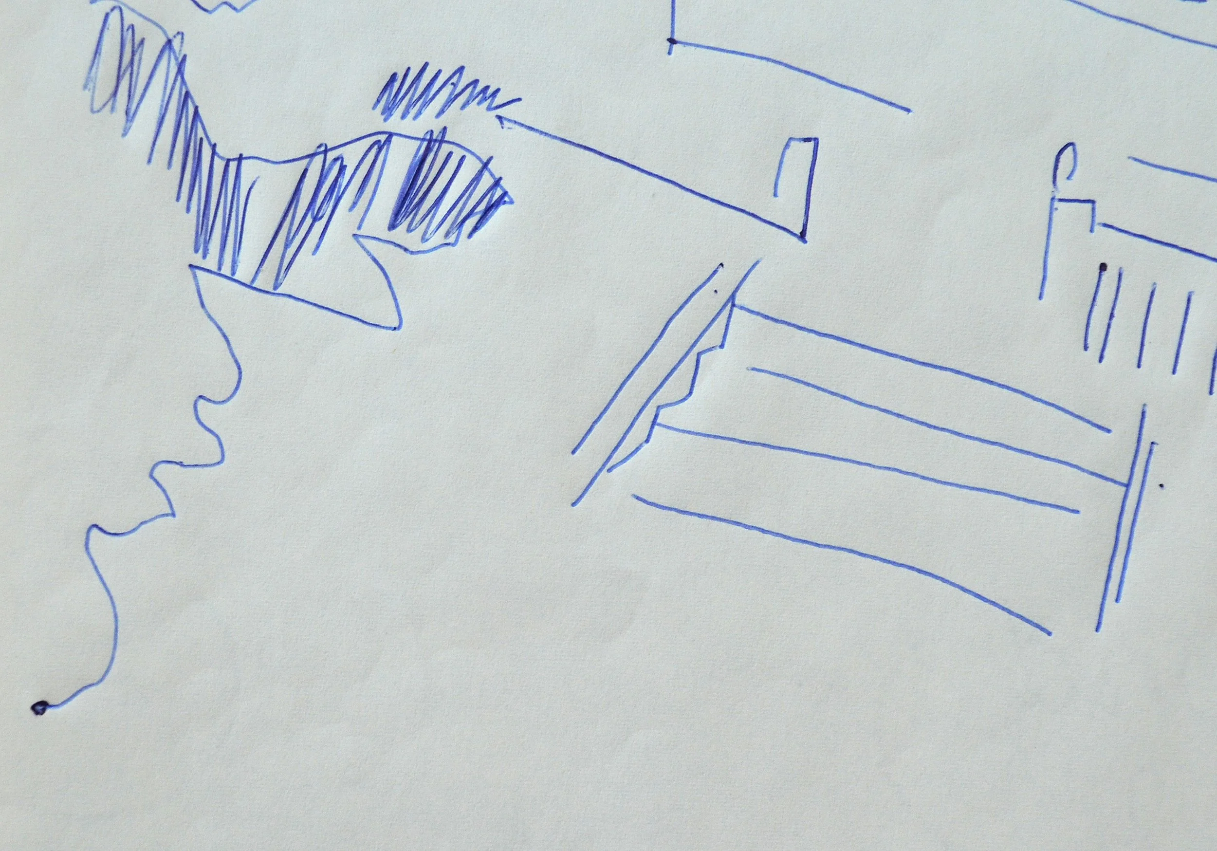 A lower left detail from Andy Warhol’s original blue ballpoint pen drawing, 'Temple', dated circa 1956, shown here unframed.