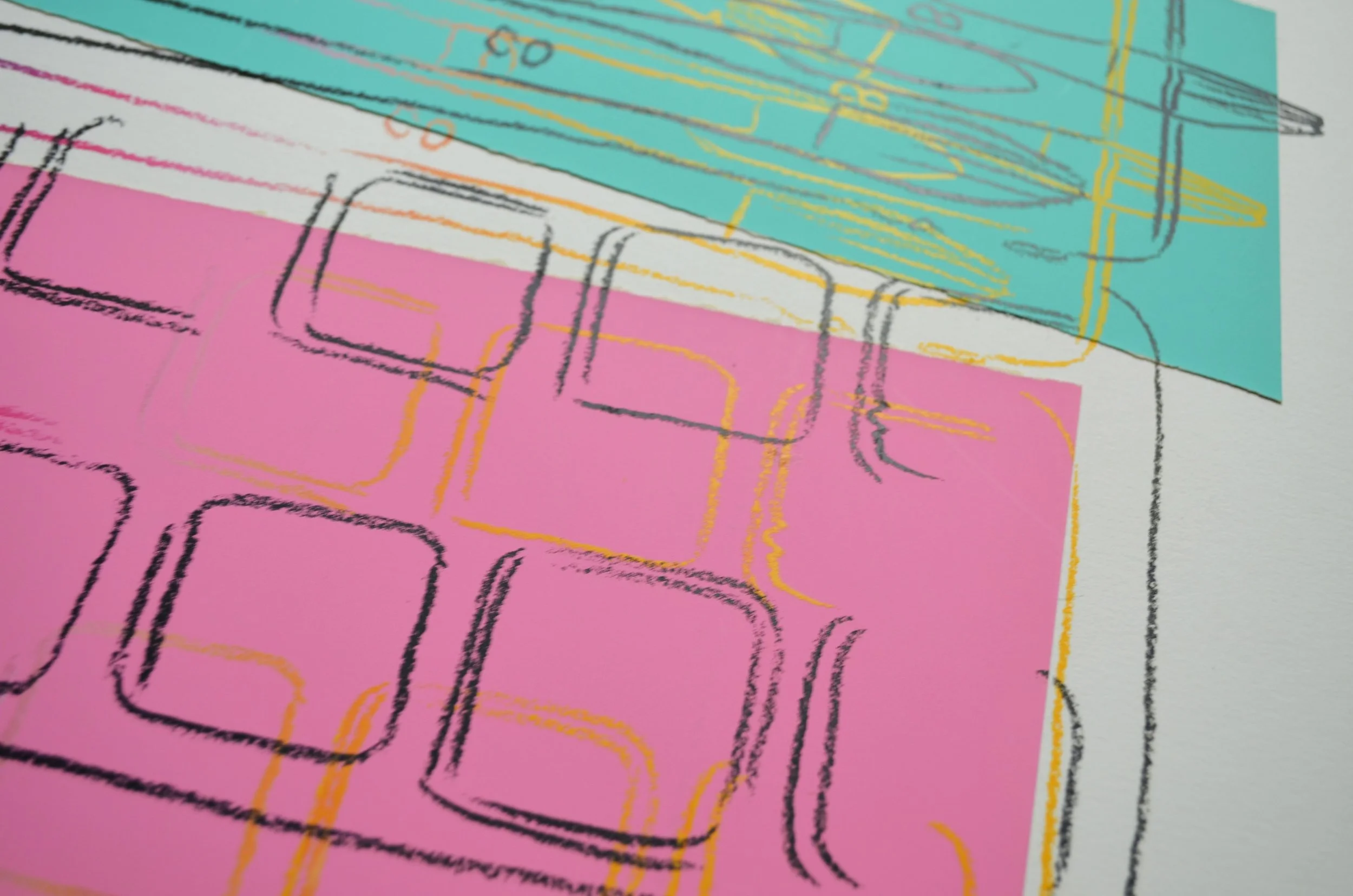 A detail image of Andy Warhol’s 1982 silkscreen inks and colored paper collage work, 'Watercolor Paint Kit with Brushes', shown here unframed.
