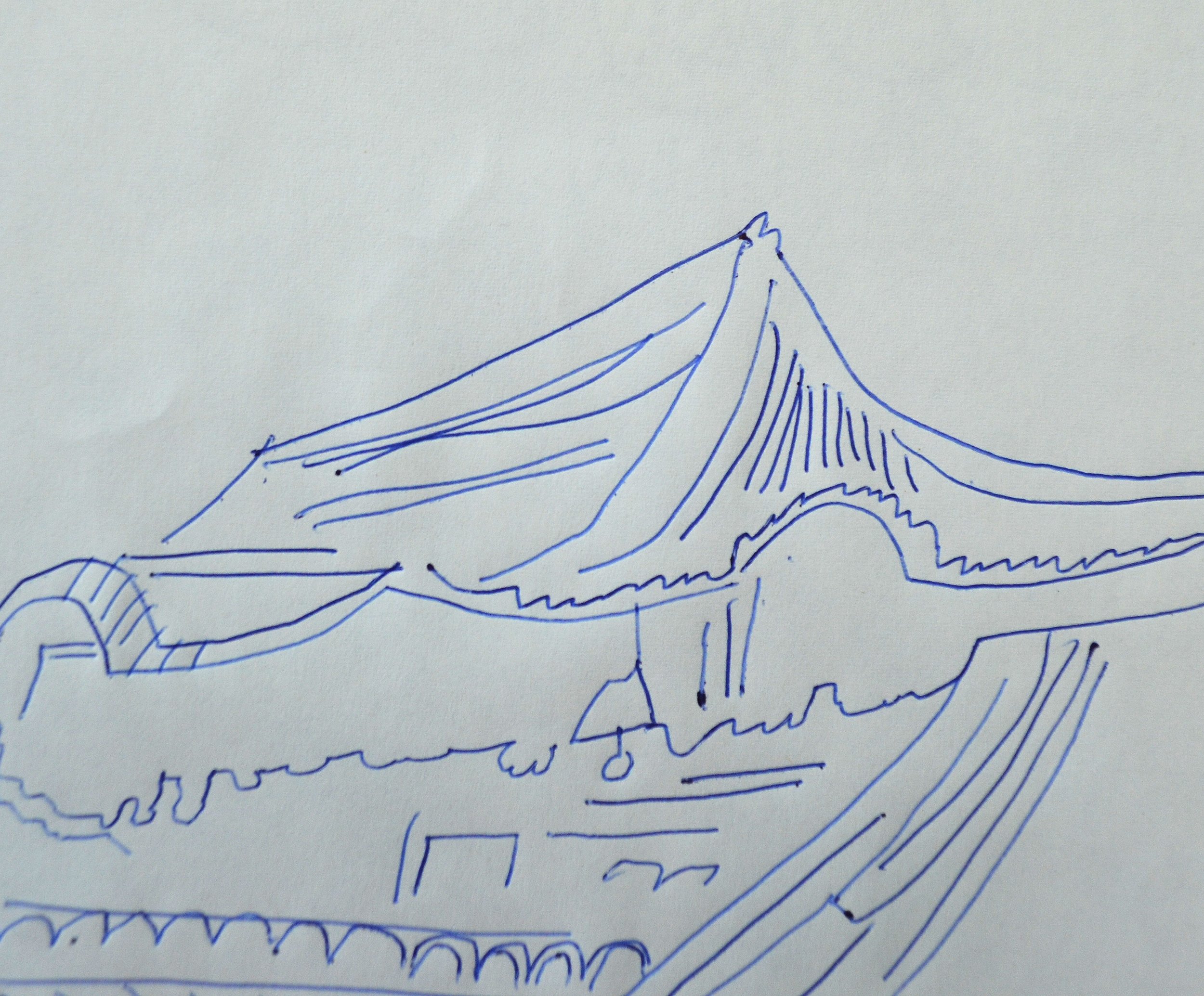 An upper right detail from Andy Warhol’s original blue ballpoint pen drawing, 'Temple', dated circa 1956, shown here unframed.