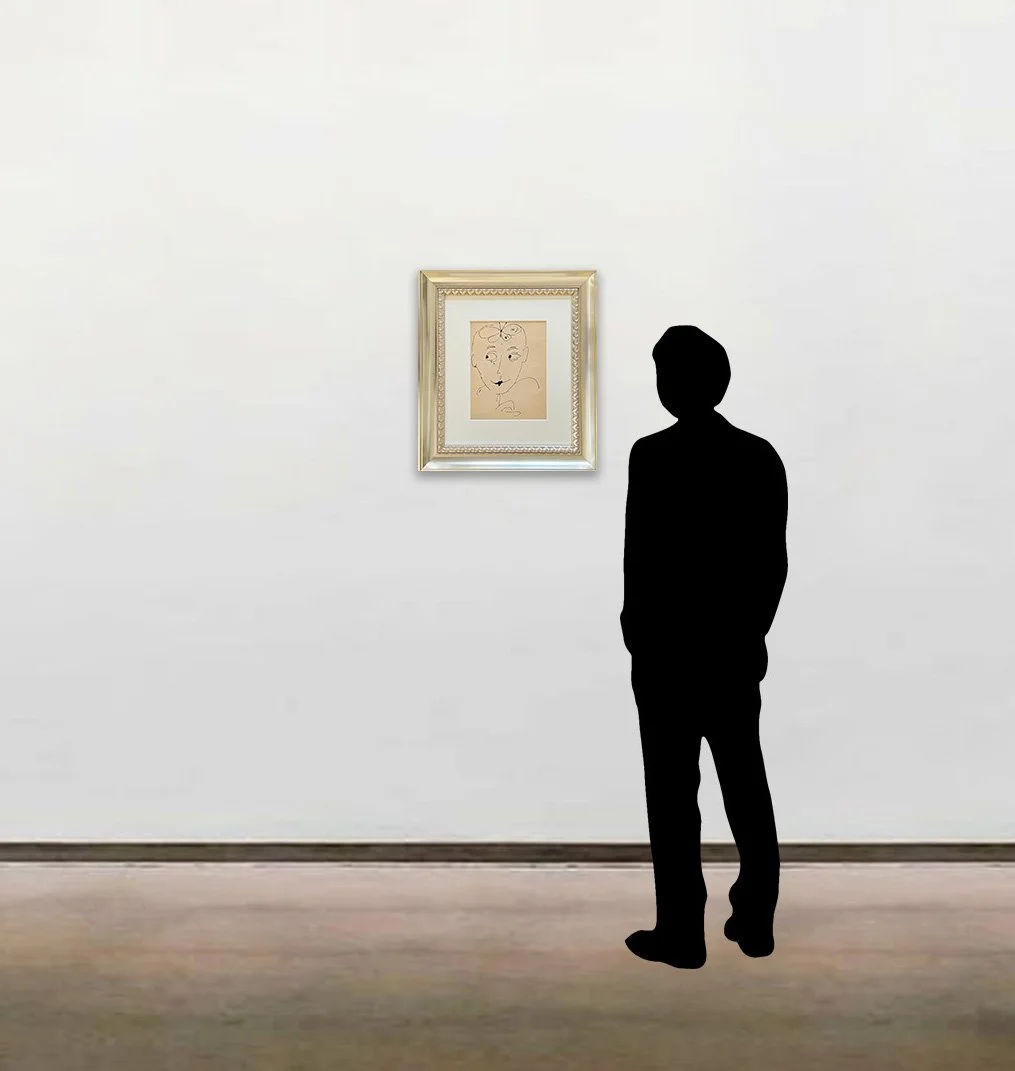 'Butterfly Lady' by Andy Warhol, a unique ink work on paper in a gold toned frame shown to scale alongside a six-foot figure.