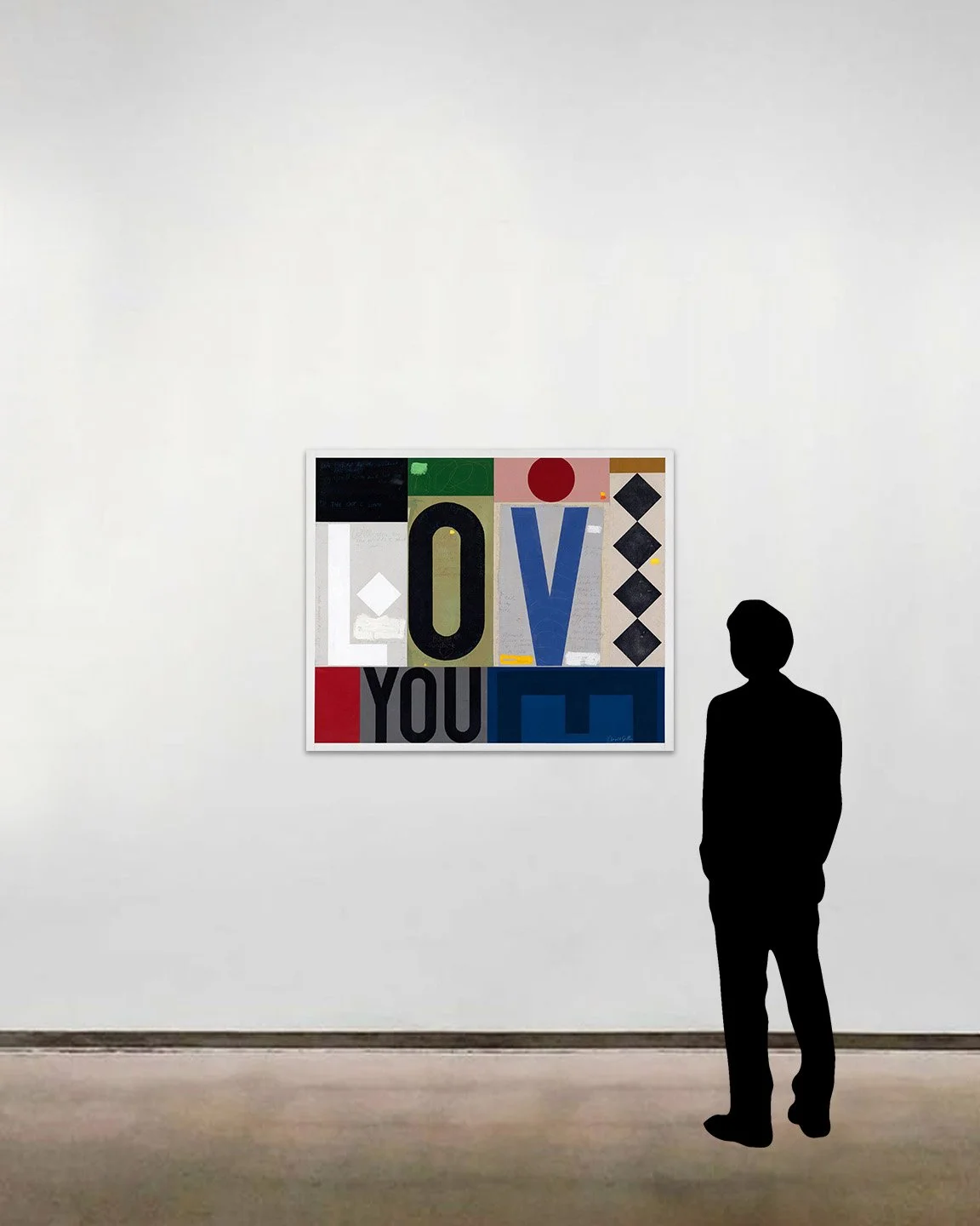 A to-scale image of David Spiller’s acrylic on canvas work, 'Love is the Light'. The artwork is pictured alongside a six foot tall figure.