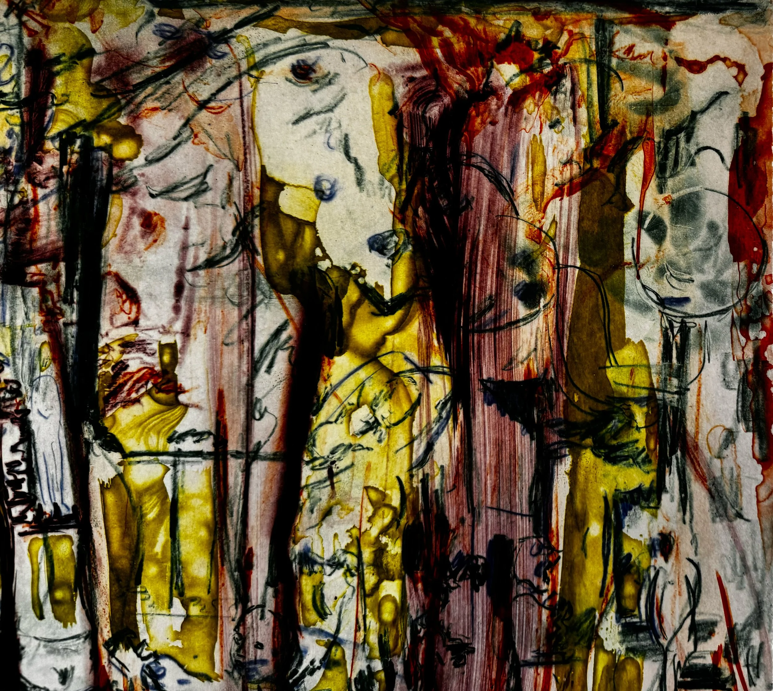An upper left detail from Cecily Brown’s etching, 'The Five Senses red yellow blue'.