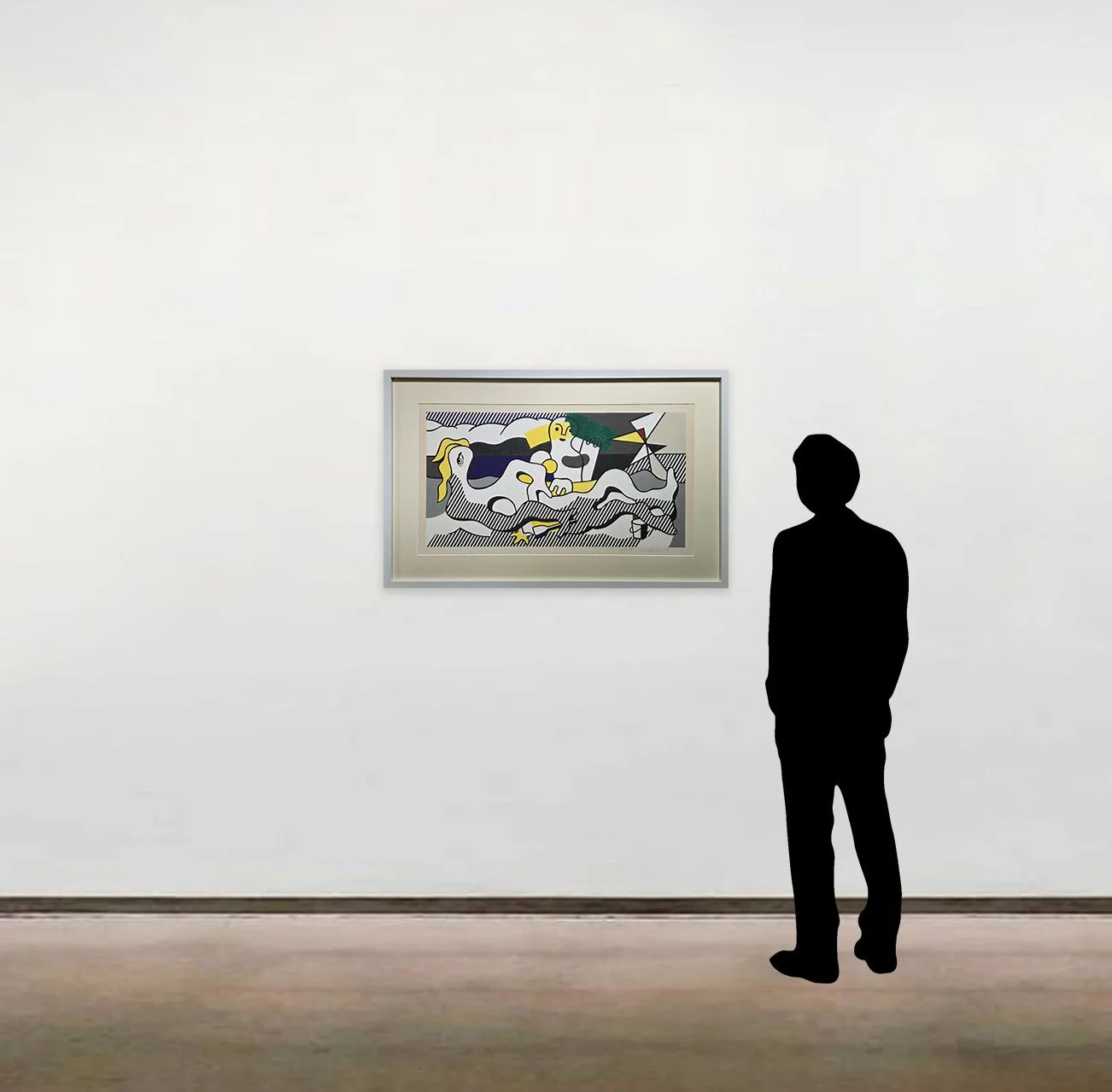 'At The Beach', a lithograph on Arches paper by Roy Lichtenstein. The work is shown here framed and scaled alongside a six-foot-tall figure.
