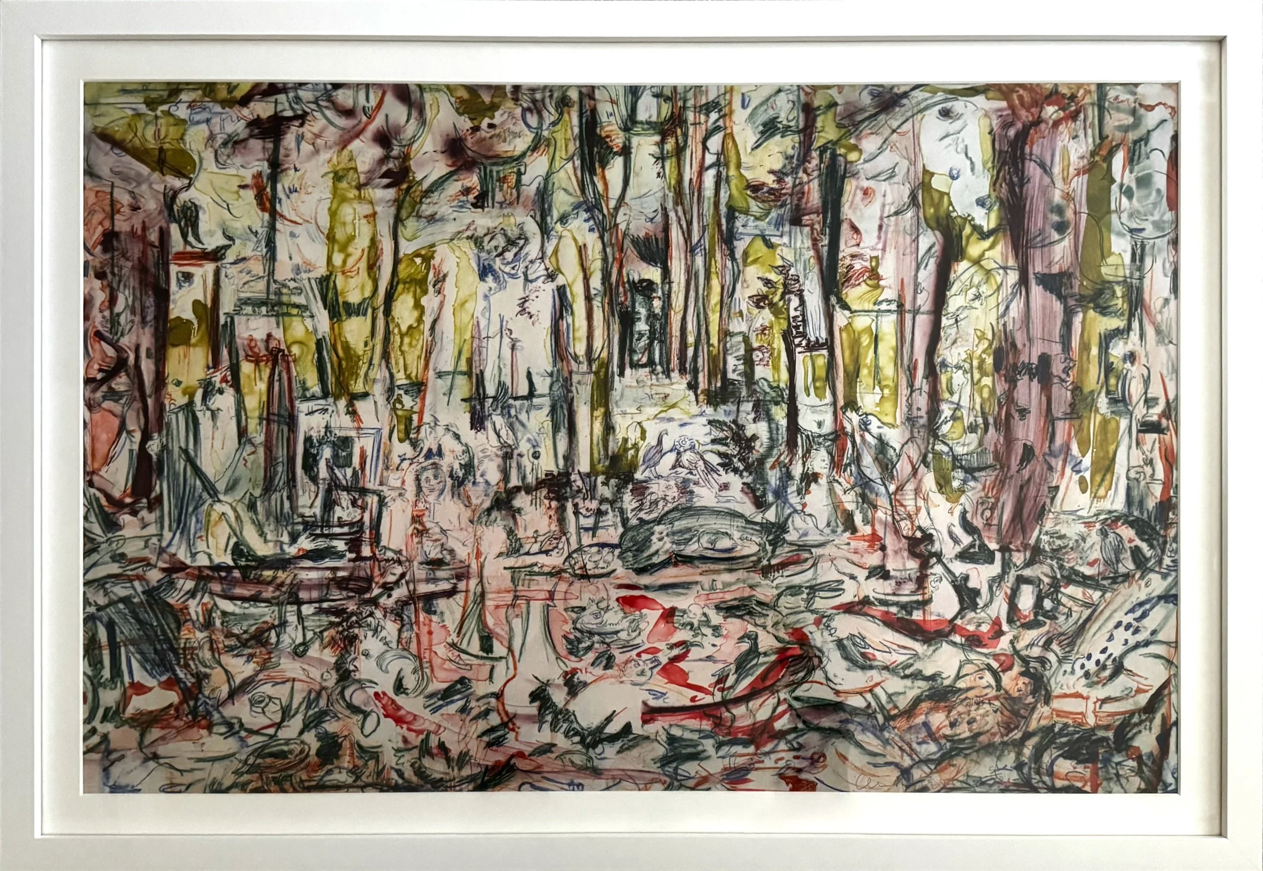 Cecily Brown’s etching, ‘The Five Senses red yellow blue’, shown in a white frame.