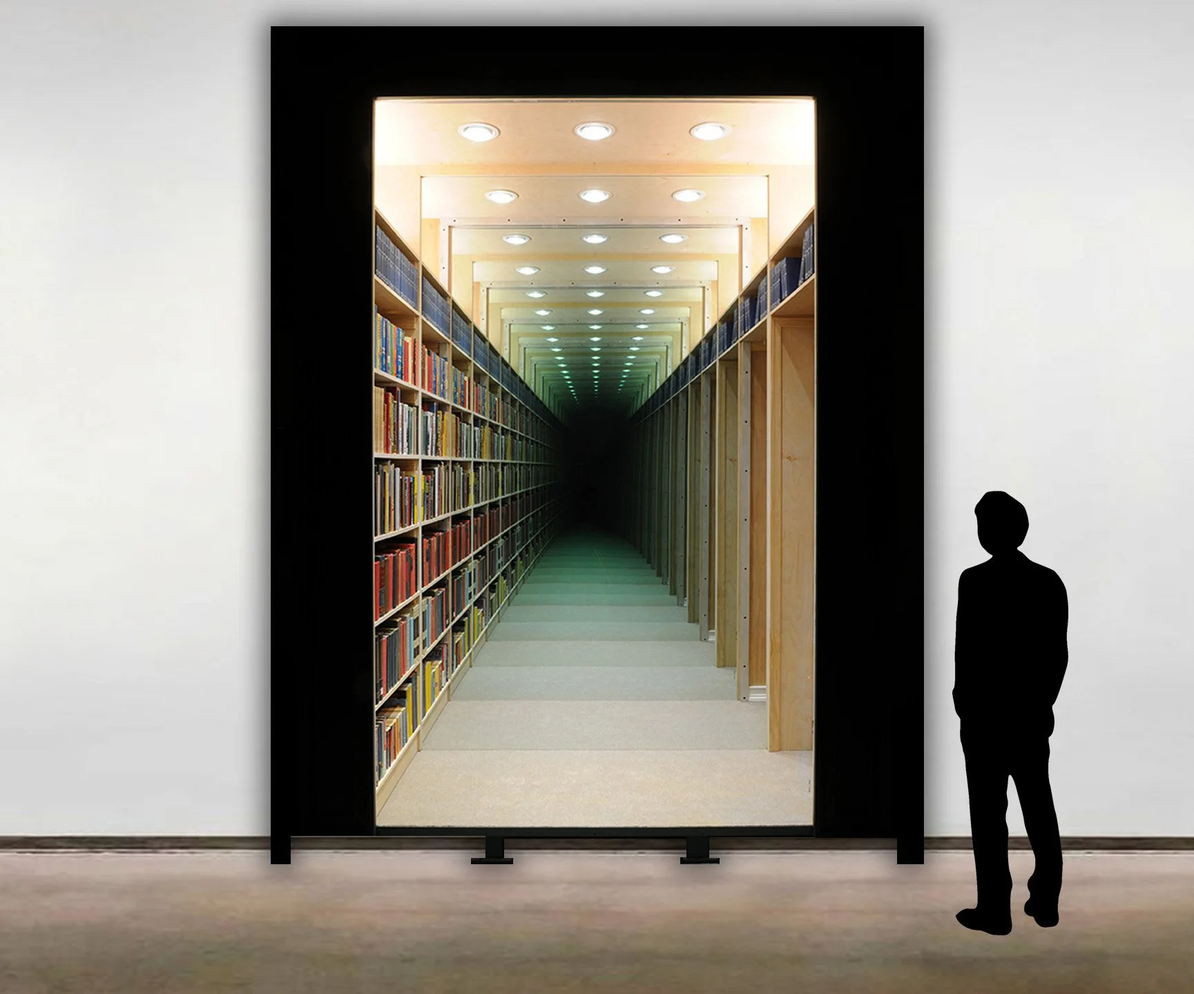 An image of Chul Hyun Ahn’s 2018 work, ‘Library’. The work is shown here in a scaled rendering alongside a six foot tall figure.